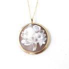 Flower Cameo Pendant - Mid Century 14k Yellow Gold Carved Shell Floral Bouquet Brooch Necklace - Vintage Circa 1940s Era Statement Jewelry