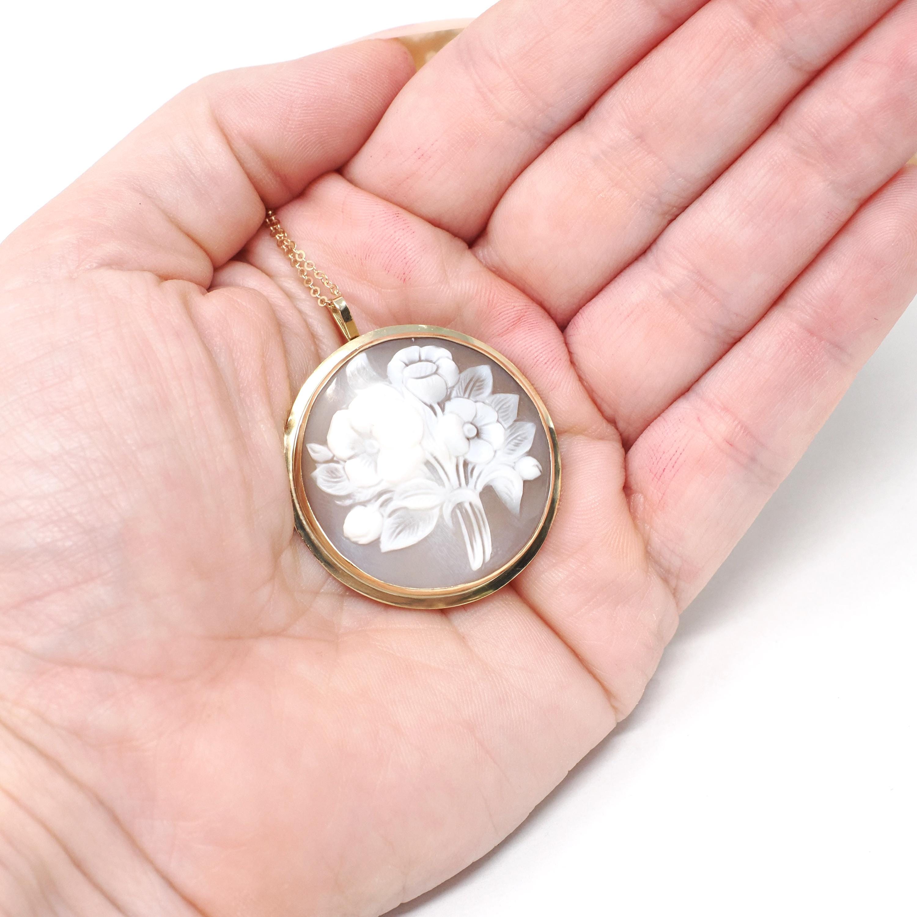 Flower Cameo Pendant - Mid Century 14k Yellow Gold Carved Shell Floral Bouquet Brooch Necklace - Vintage Circa 1940s Era Statement Jewelry