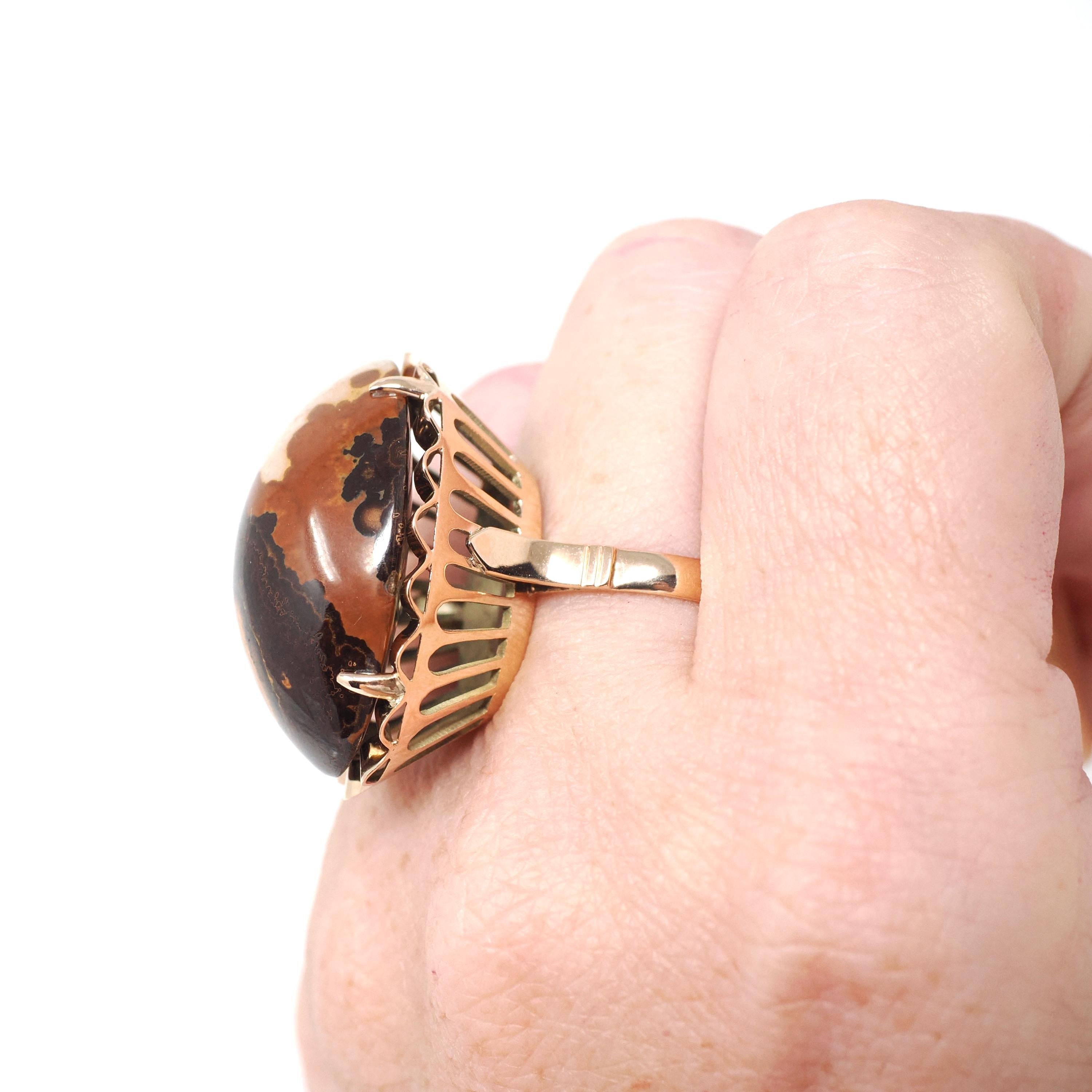Vintage Jasper Ring - Mid Century 10k Yellow Gold Large Oval