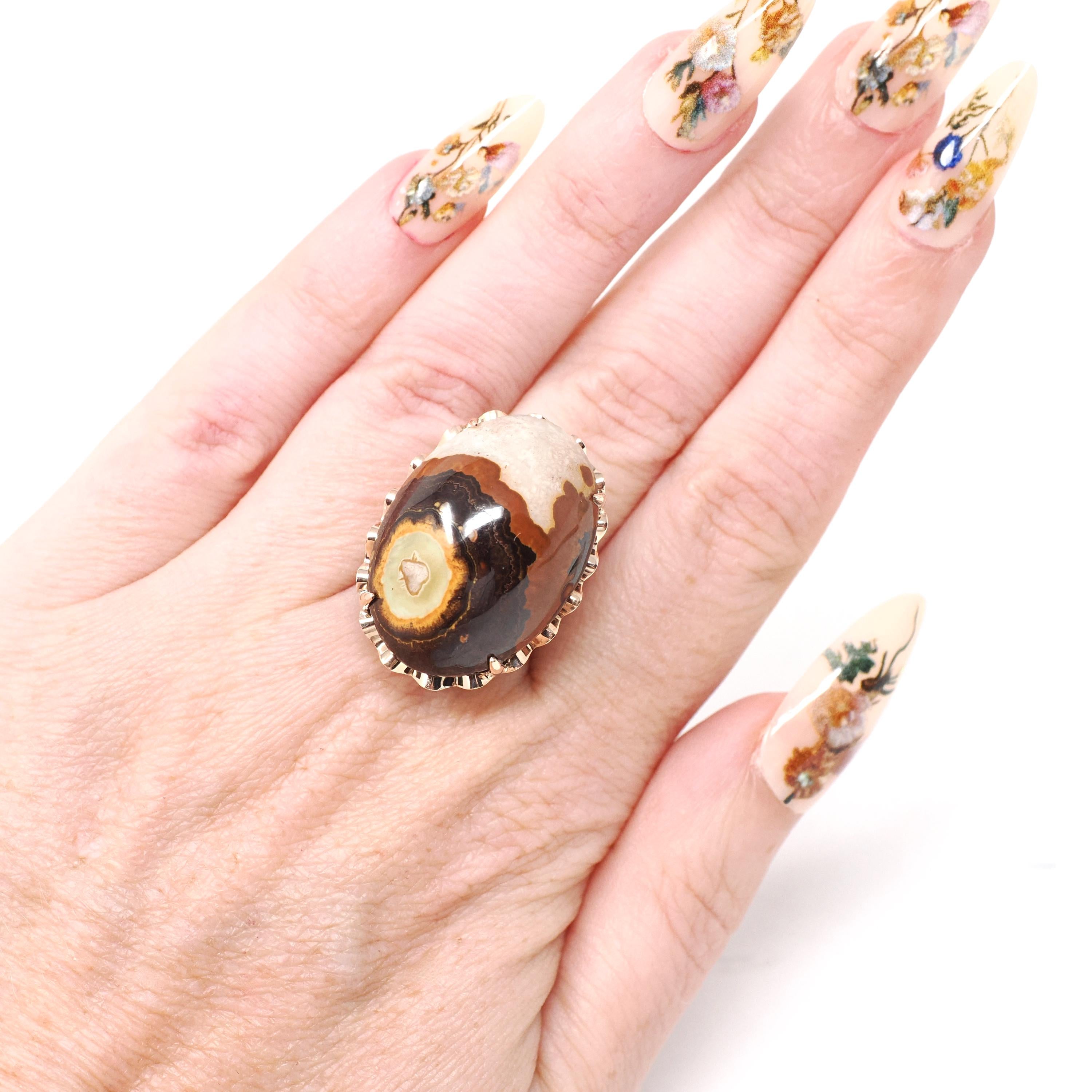 Vintage Jasper Ring - Mid Century 10k Yellow Gold Large Oval Cabochon Gemstone - Circa 1960s Era Size 7 Cocktail Fine Statement Jewelry