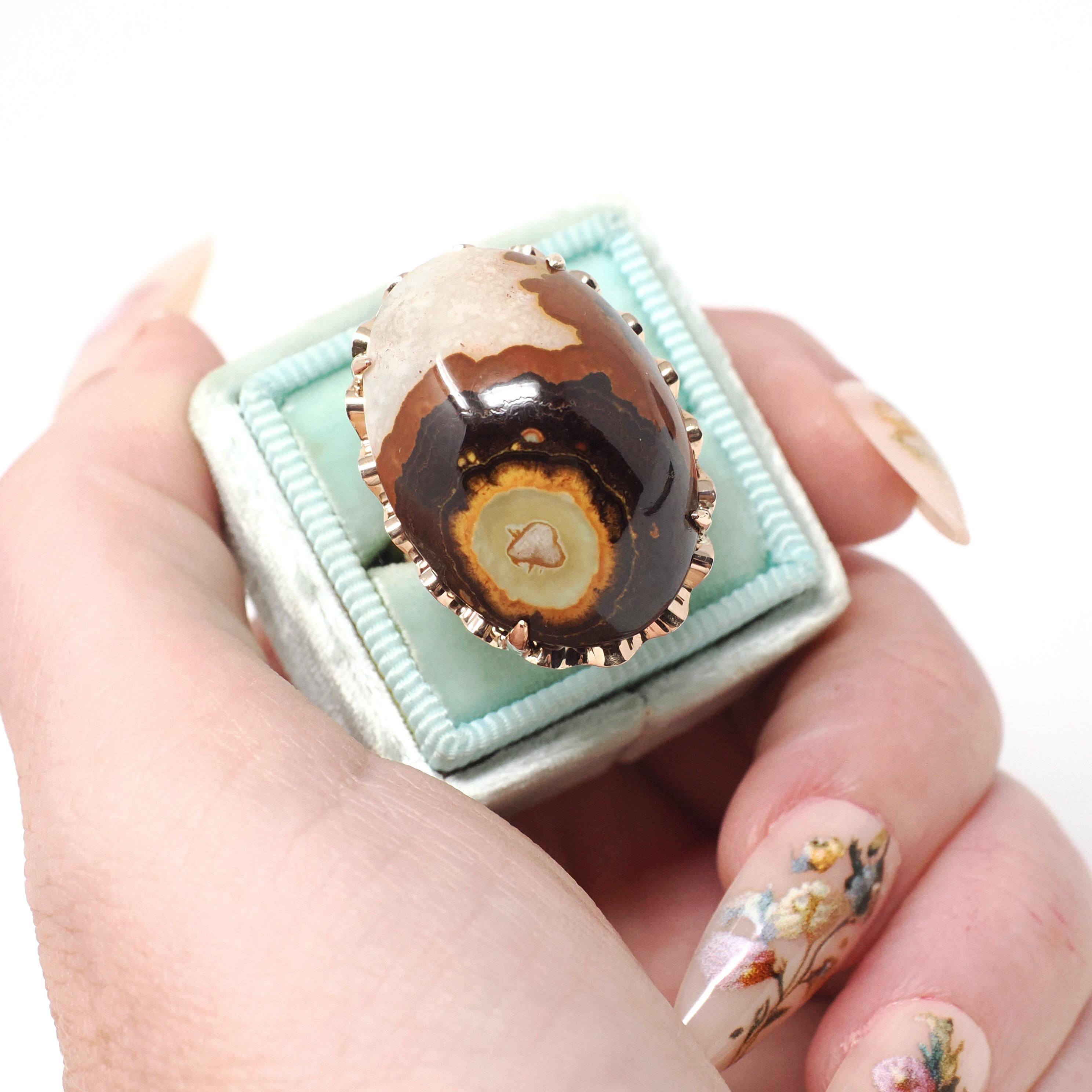 Vintage Jasper Ring - Mid Century 10k Yellow Gold Large Oval