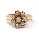 Antique Diamond Ring - Victorian Era 14k Yellow Gold Natural Flower Gemstone Halo - Circa 1890s Size 6 1/4 Cluster Fine Statement Jewelry