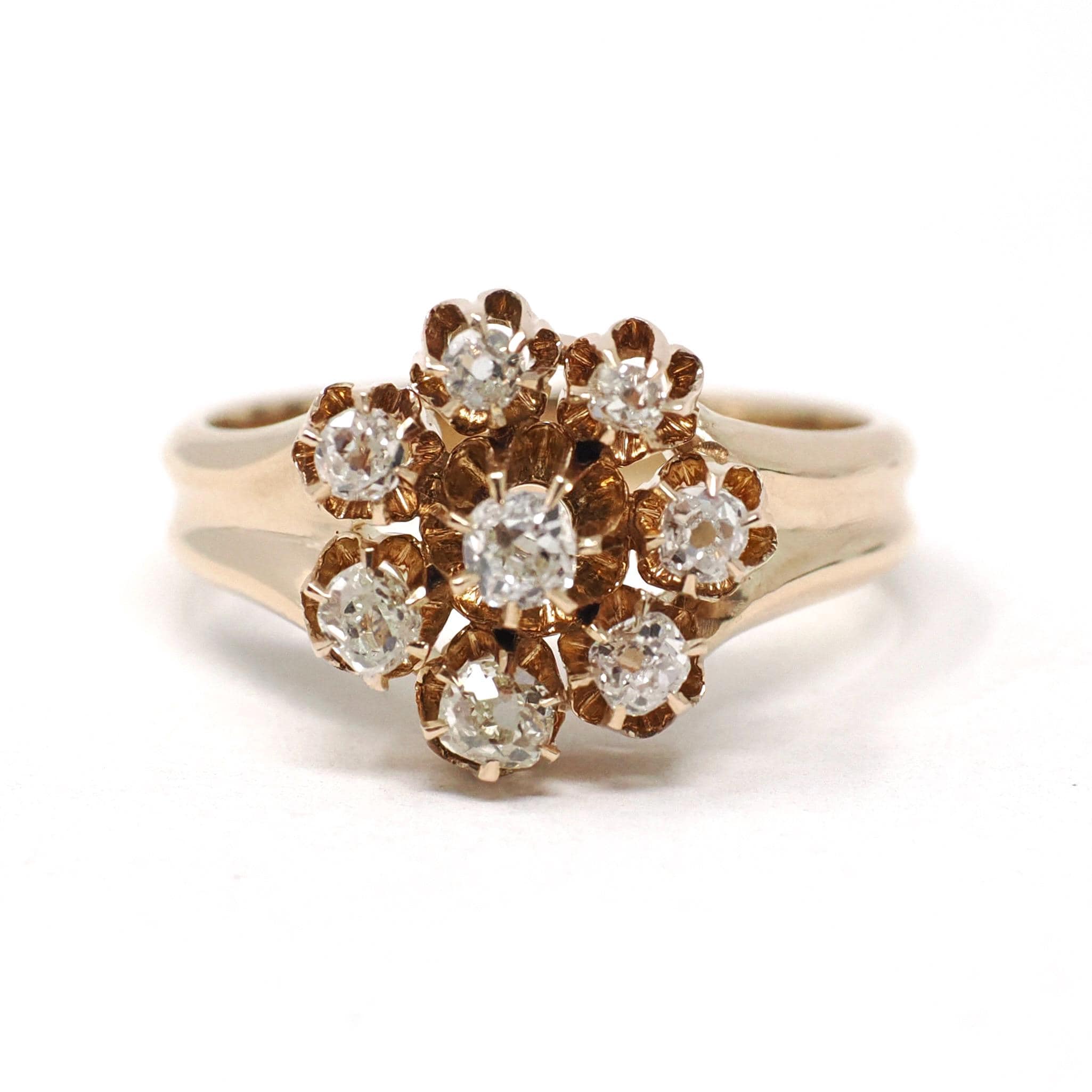 Antique Diamond Ring - Victorian Era 14k Yellow Gold Natural Flower Gemstone Halo - Circa 1890s Size 6 1/4 Cluster Fine Statement Jewelry