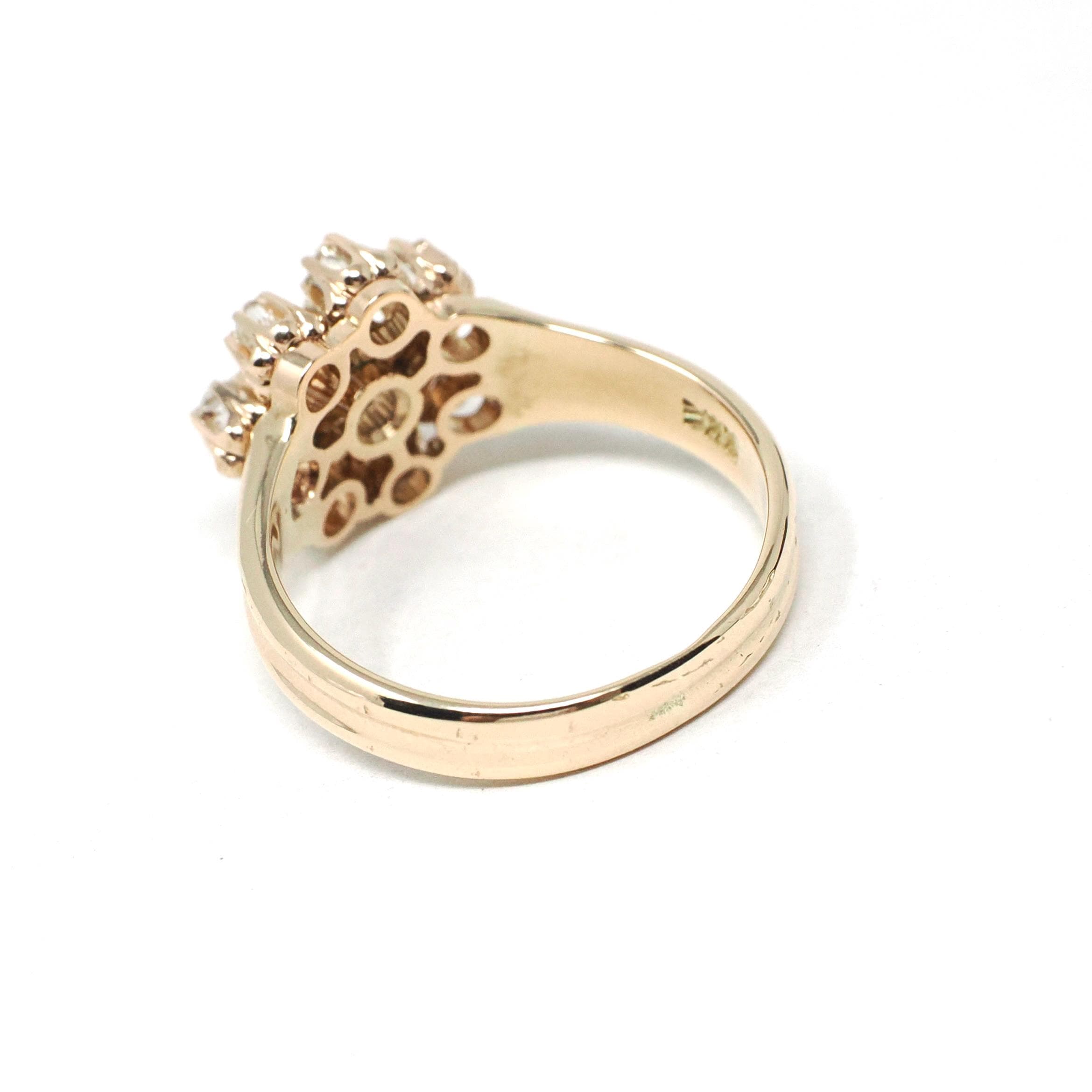 Antique Diamond Ring - Victorian Era 14k Yellow Gold Natural Flower Gemstone Halo - Circa 1890s Size 6 1/4 Cluster Fine Statement Jewelry