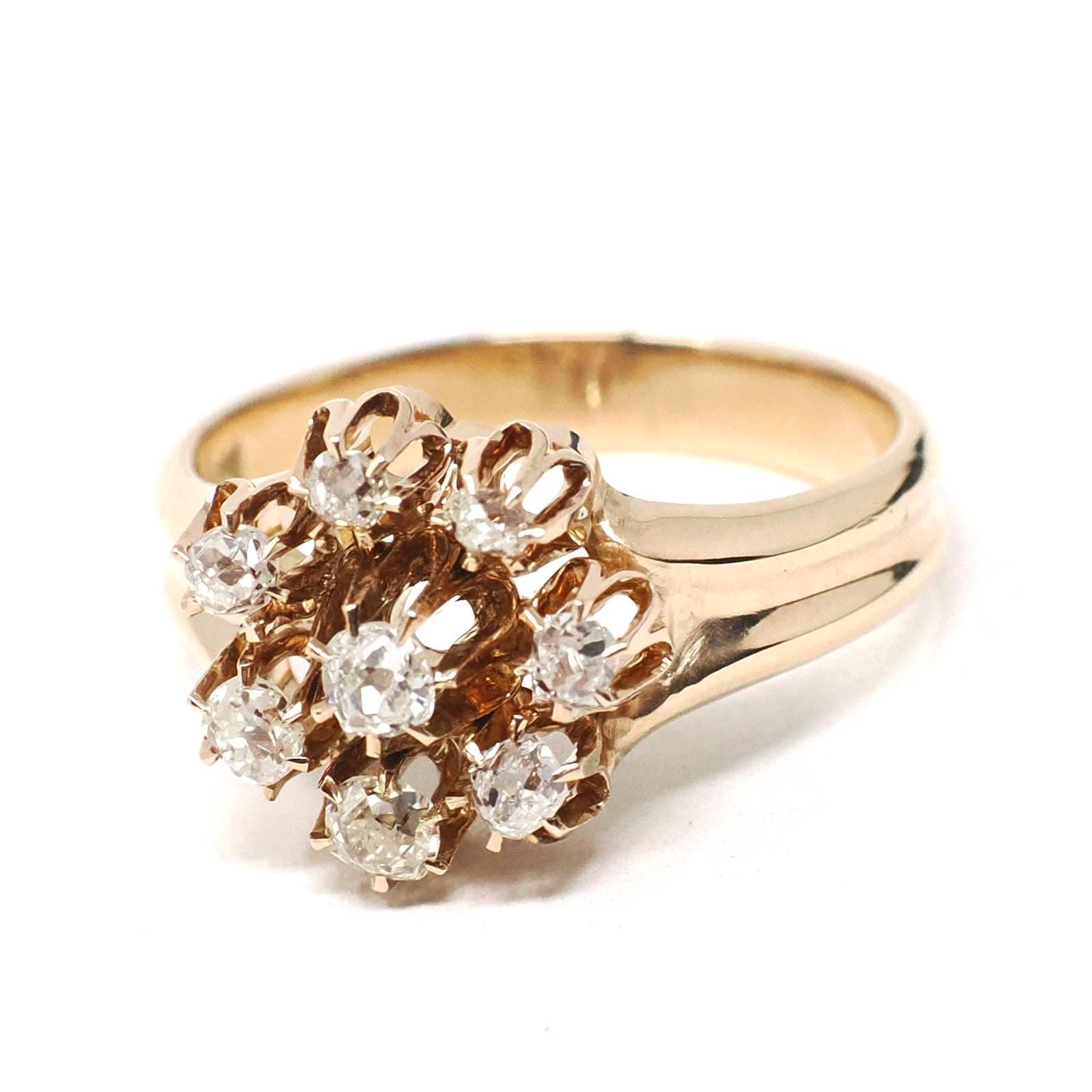 Antique Diamond Ring - Victorian Era 14k Yellow Gold Natural Flower Gemstone Halo - Circa 1890s Size 6 1/4 Cluster Fine Statement Jewelry