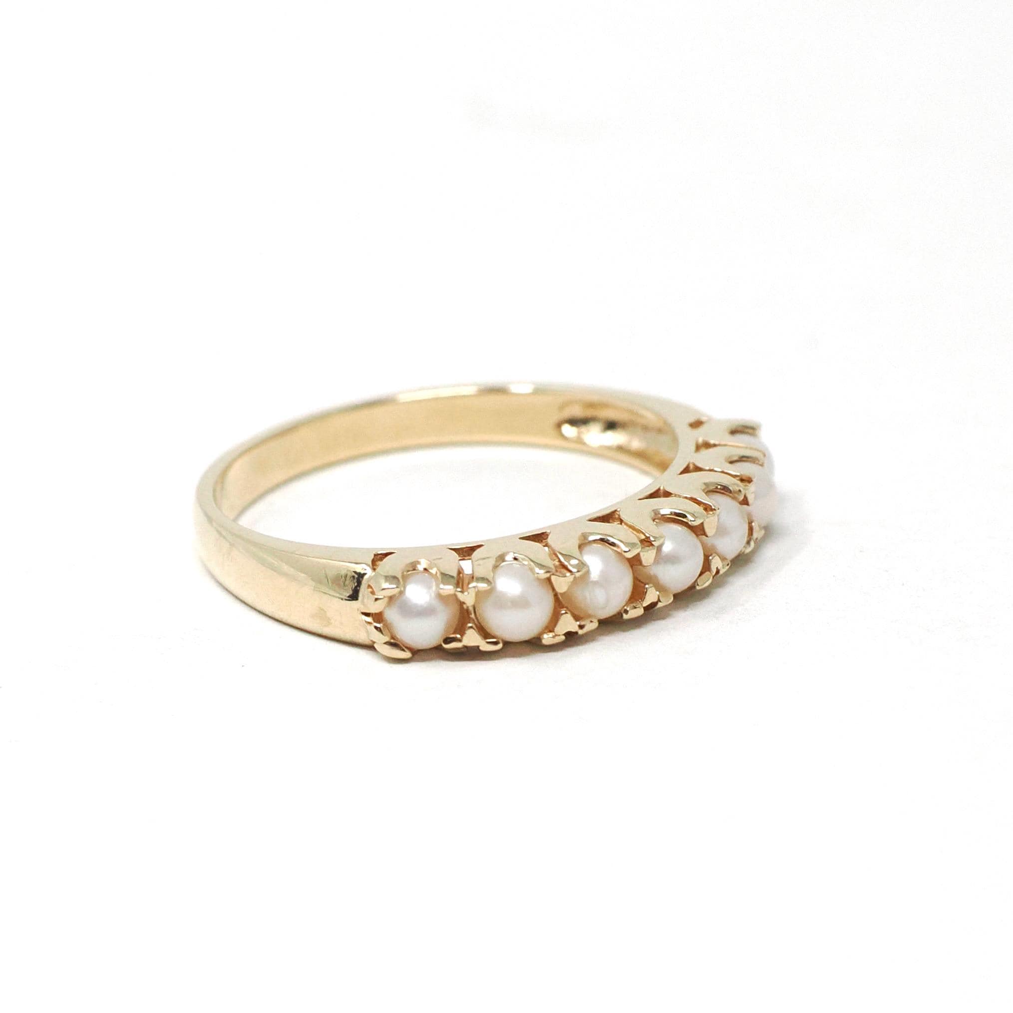 Cultured Pearl Band - Vintage 10k Yellow Gold Organic Natural Gemstone Ring - Modern Circa 1990s Era Size 6 1/2 June Birthstone Fine Jewelry