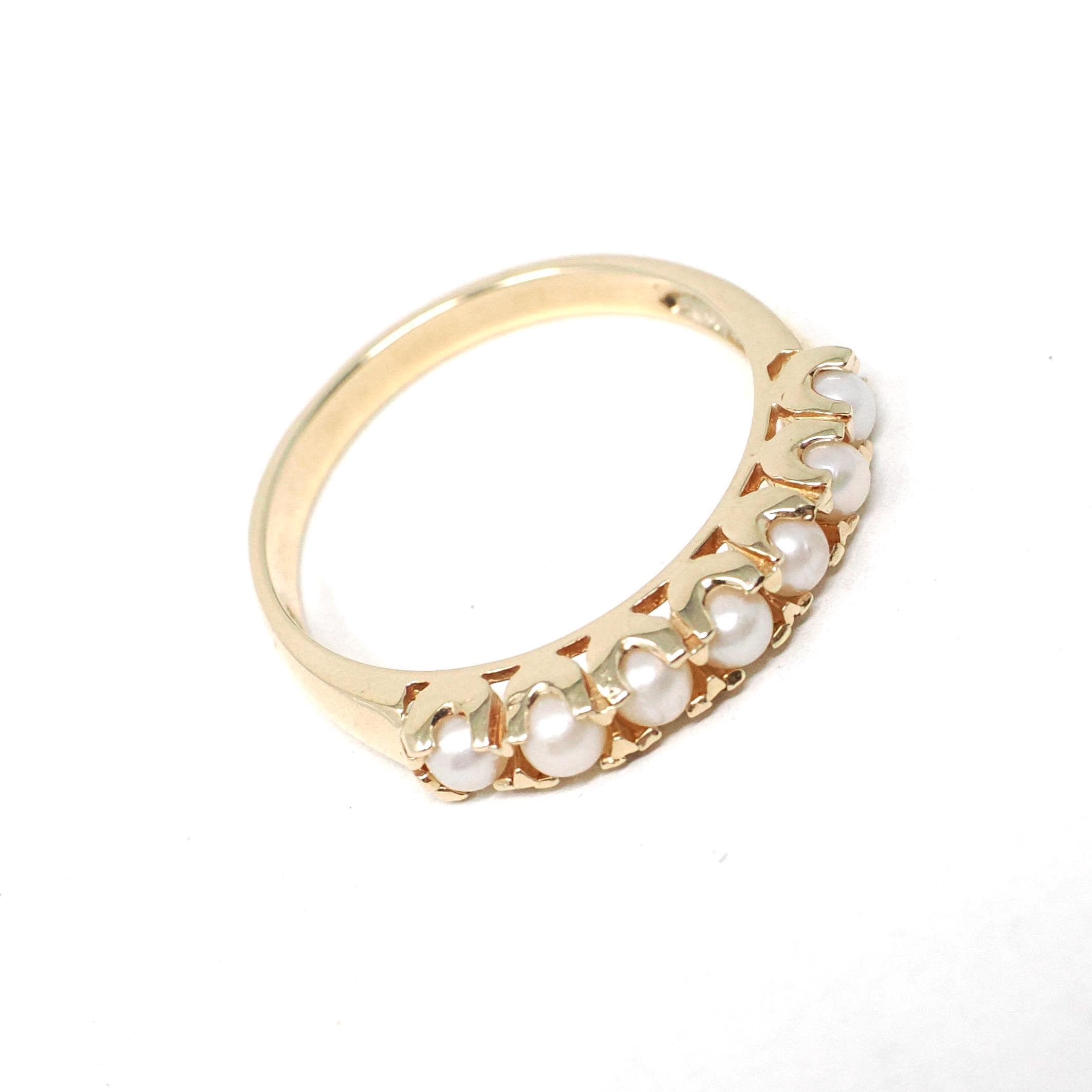 Cultured Pearl Band - Vintage 10k Yellow Gold Organic Natural Gemstone Ring - Modern Circa 1990s Era Size 6 1/2 June Birthstone Fine Jewelry