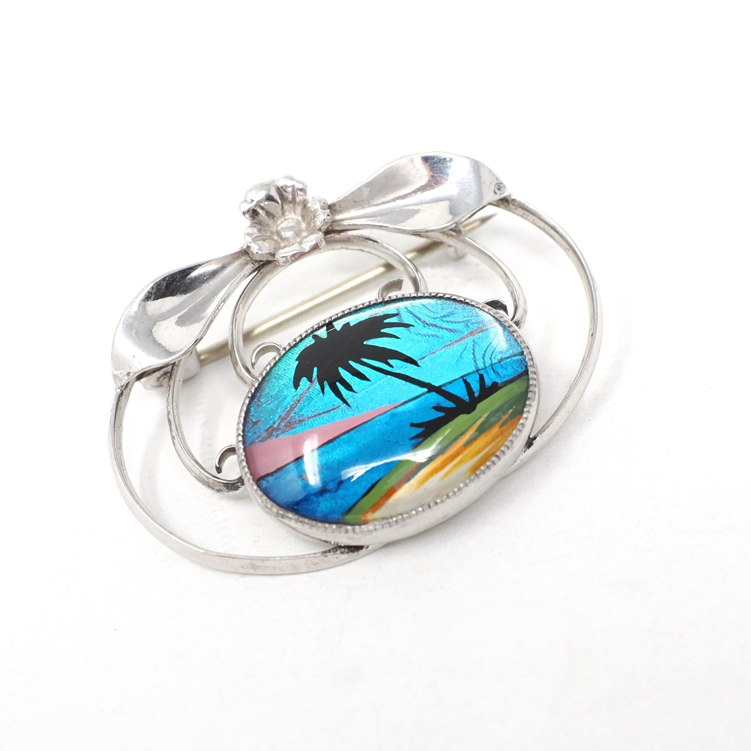 Morpho Butterfly Brooch - Art Deco Sterling Silver Blue Iridescent Wing Pin - Circa 1930s Era Tropical Palm Tree Sunset Souvenir Jewelry