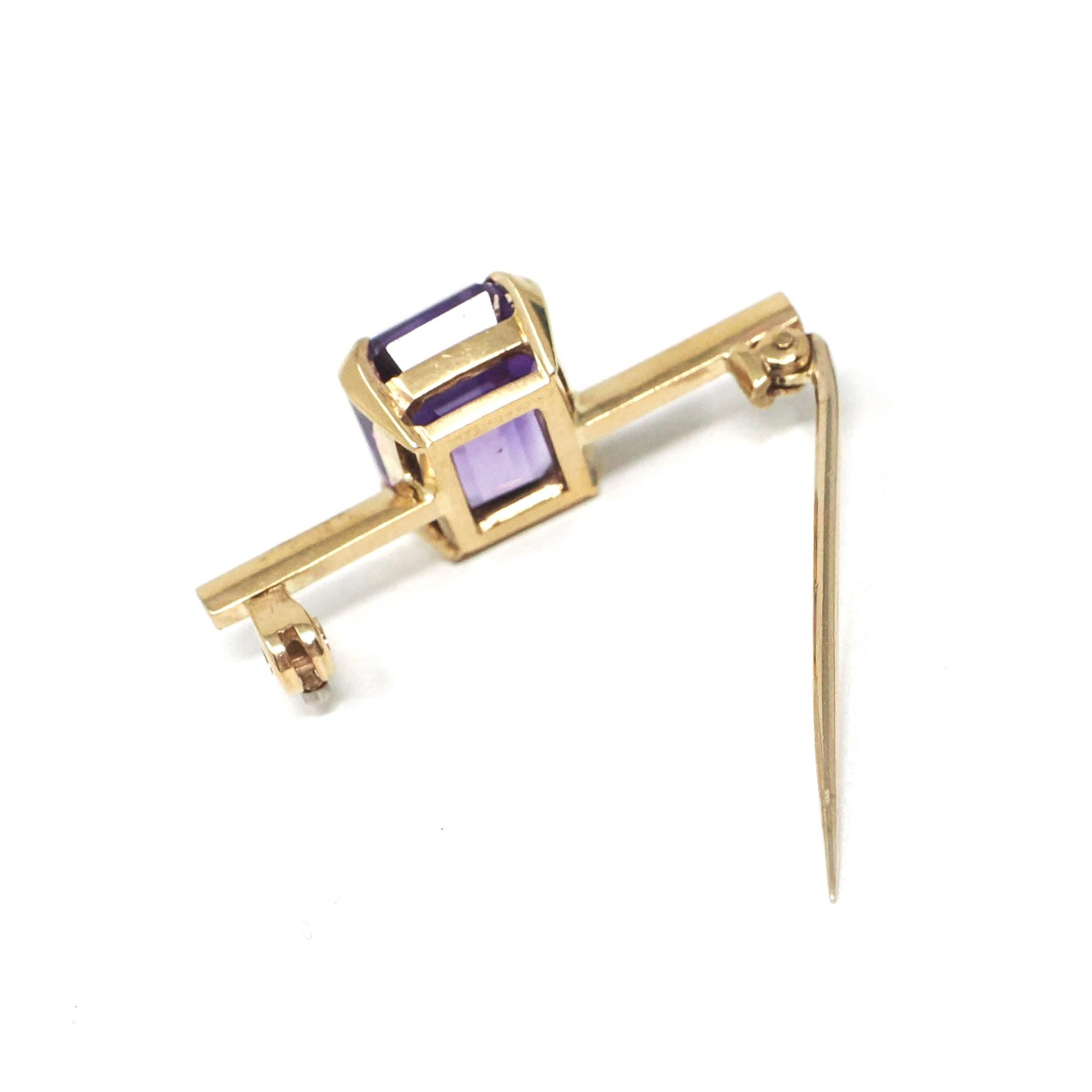 Modern Amethyst Brooch - Estate 10k Yellow Gold Purple Emerald Step Cut Gemstone Pin - Vintage Circa 1990s Era Fine Statement Accessory