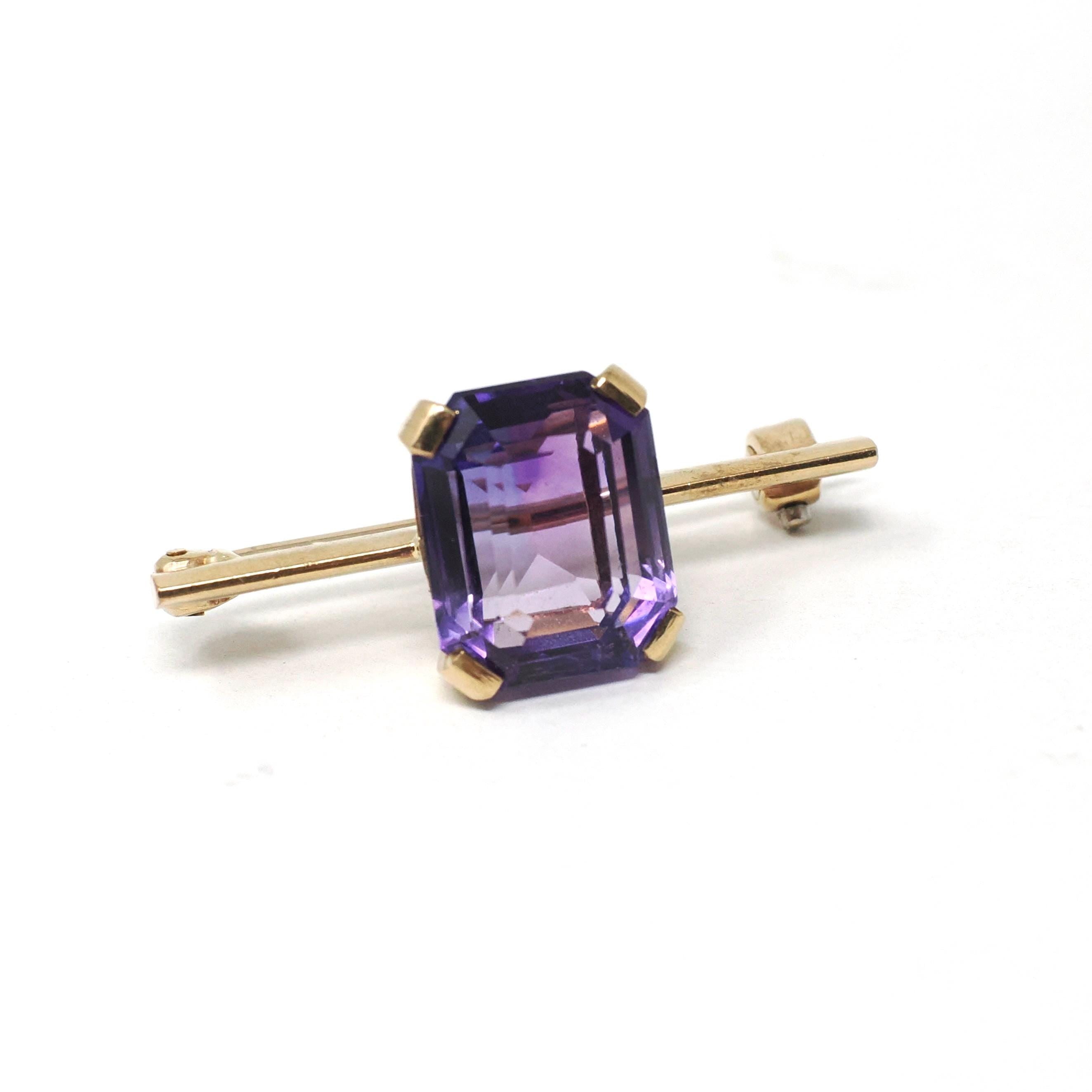 Modern Amethyst Brooch - Estate 10k Yellow Gold Purple Emerald Step Cut Gemstone Pin - Vintage Circa 1990s Era Fine Statement Accessory