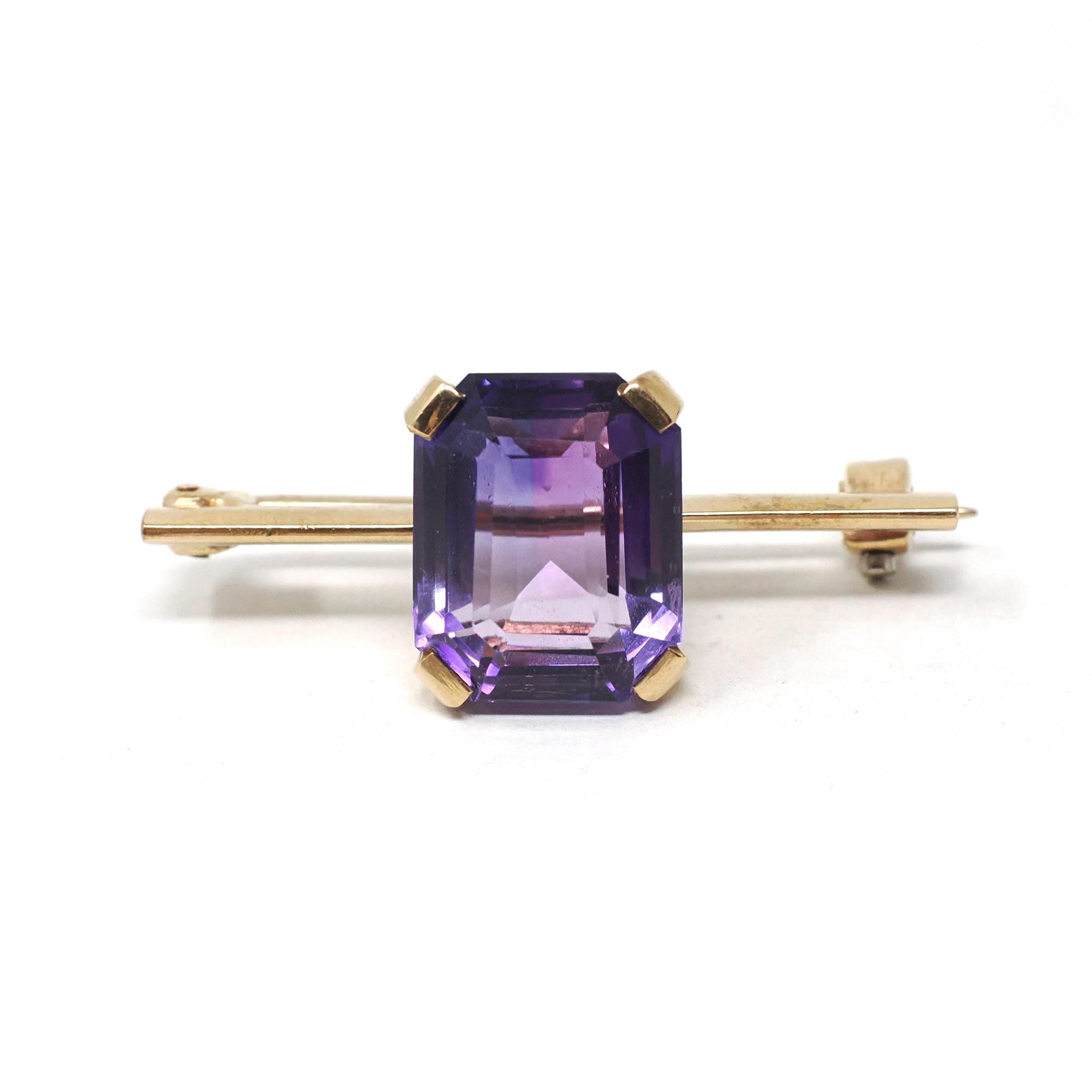 Modern Amethyst Brooch - Estate 10k Yellow Gold Purple Emerald Step Cut Gemstone Pin - Vintage Circa 1990s Era Fine Statement Accessory