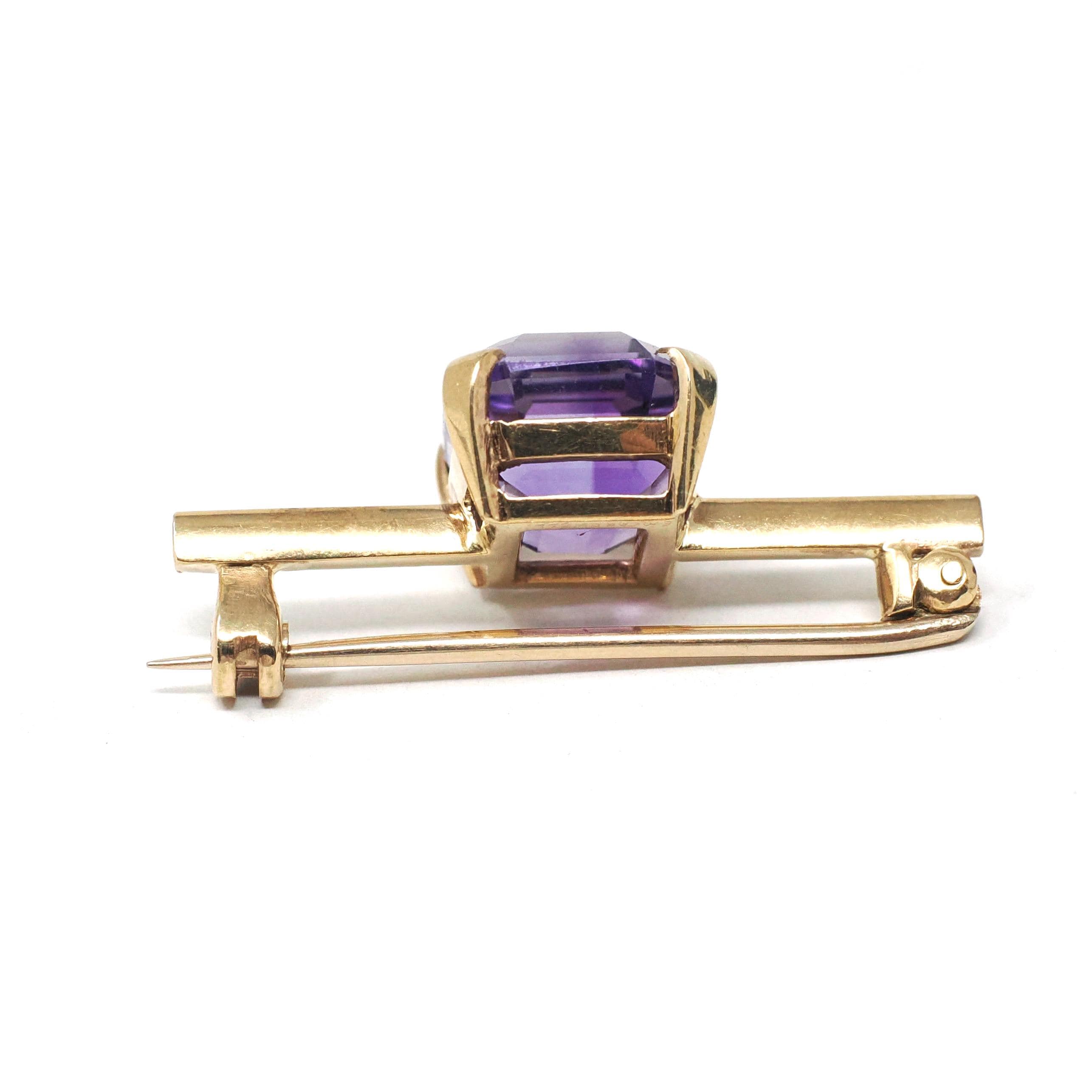 Modern Amethyst Brooch - Estate 10k Yellow Gold Purple Emerald Step Cut Gemstone Pin - Vintage Circa 1990s Era Fine Statement Accessory