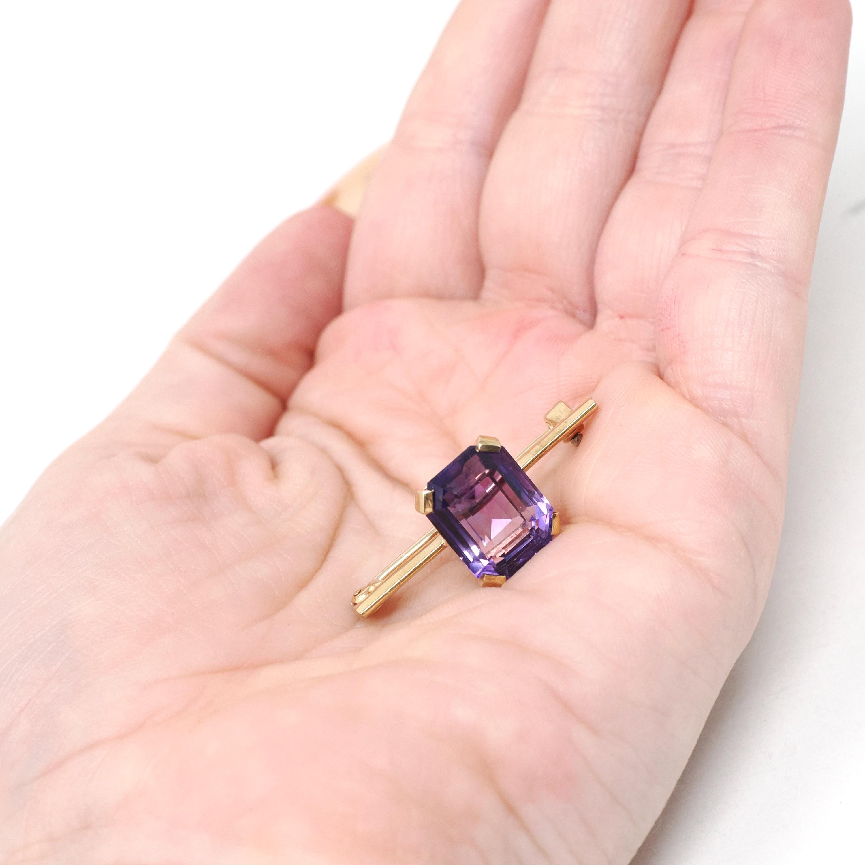 Modern Amethyst Brooch - Estate 10k Yellow Gold Purple Emerald Step Cut Gemstone Pin - Vintage Circa 1990s Era Fine Statement Accessory