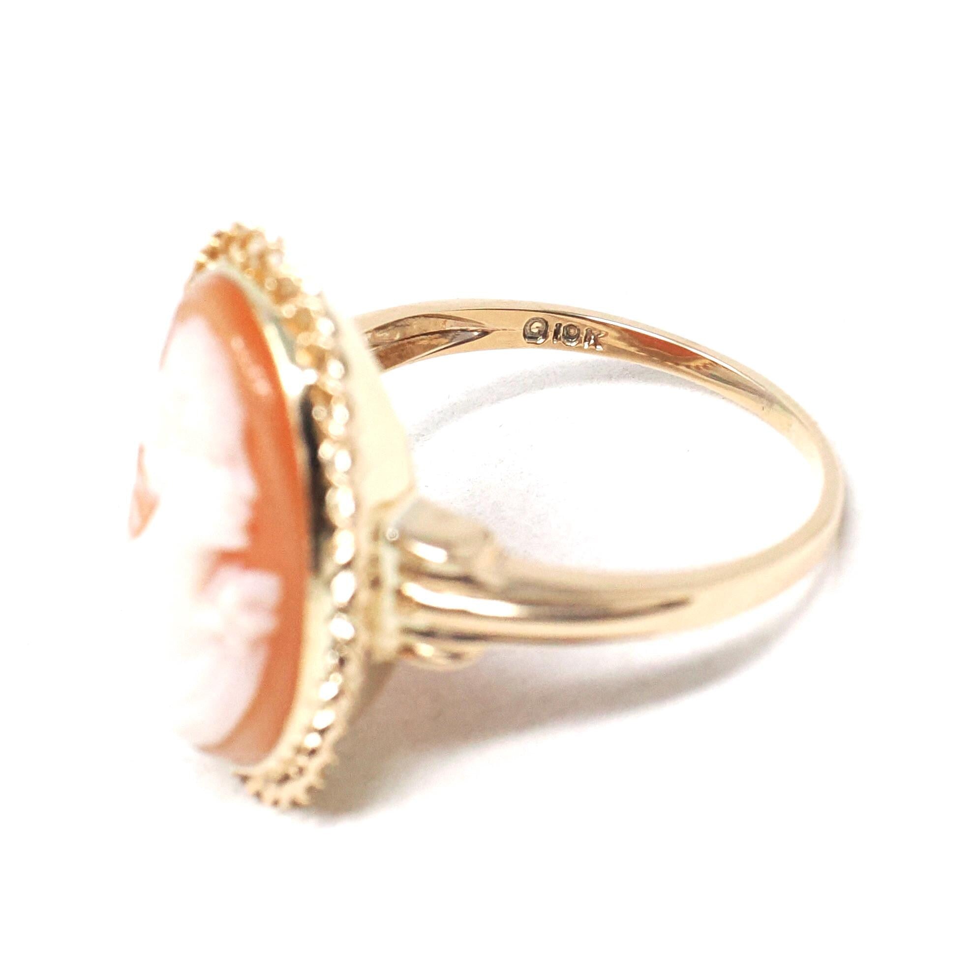 Vintage Cameo Ring - Mid Century 10k Yellow Gold Carved Shell Twisted Rope Halo Style - Circa 1940s Size 6 1/4 Woman's Profile Fine Jewelry