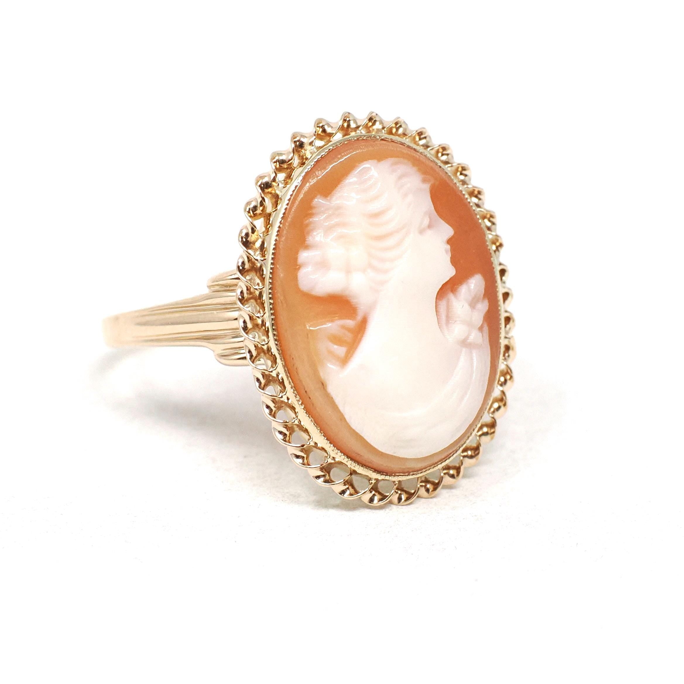 Vintage Cameo Ring - Mid Century 10k Yellow Gold Carved Shell Twisted Rope Halo Style - Circa 1940s Size 6 1/4 Woman's Profile Fine Jewelry