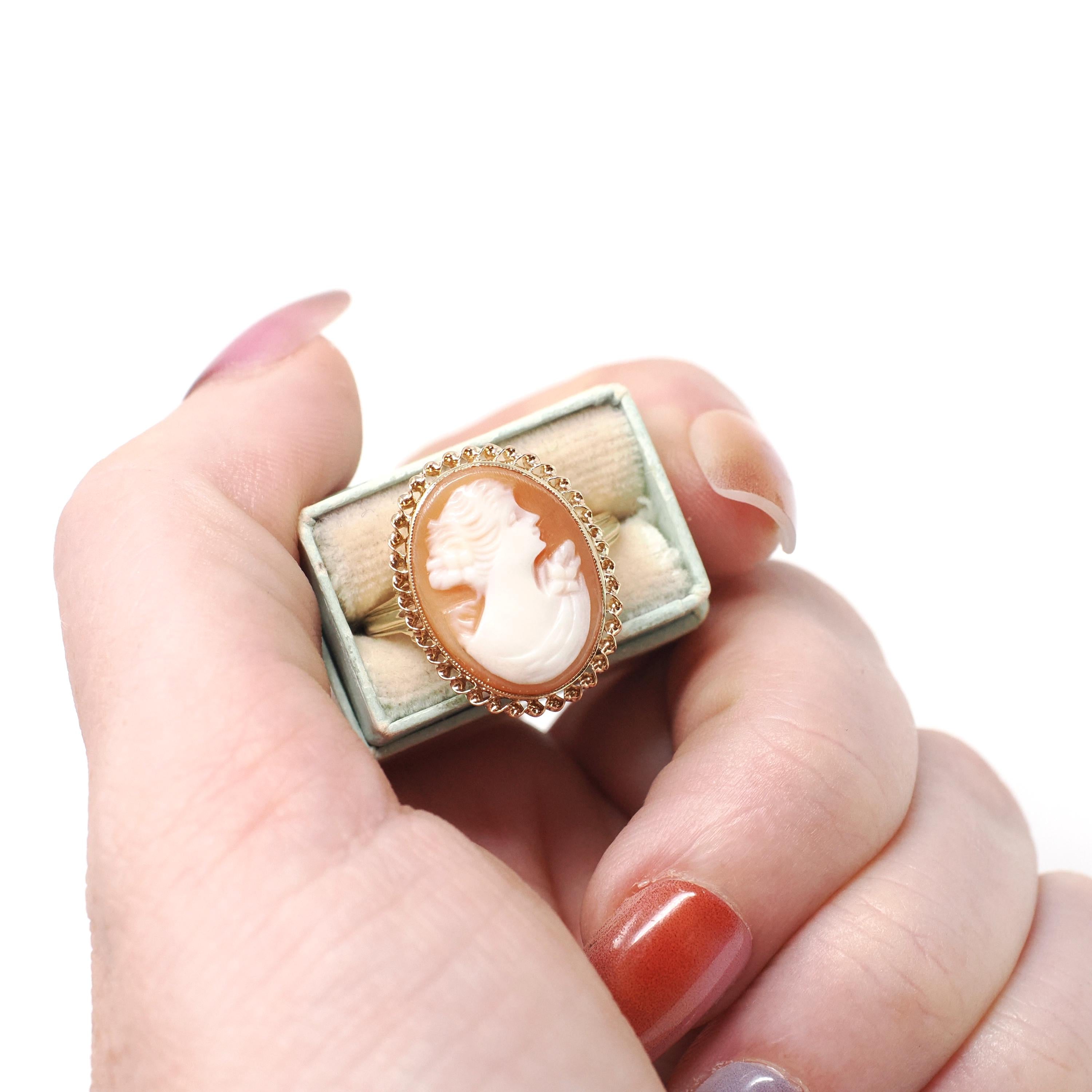 Vintage Cameo Ring - Mid Century 10k Yellow Gold Carved Shell Twisted Rope Halo Style - Circa 1940s Size 6 1/4 Woman's Profile Fine Jewelry