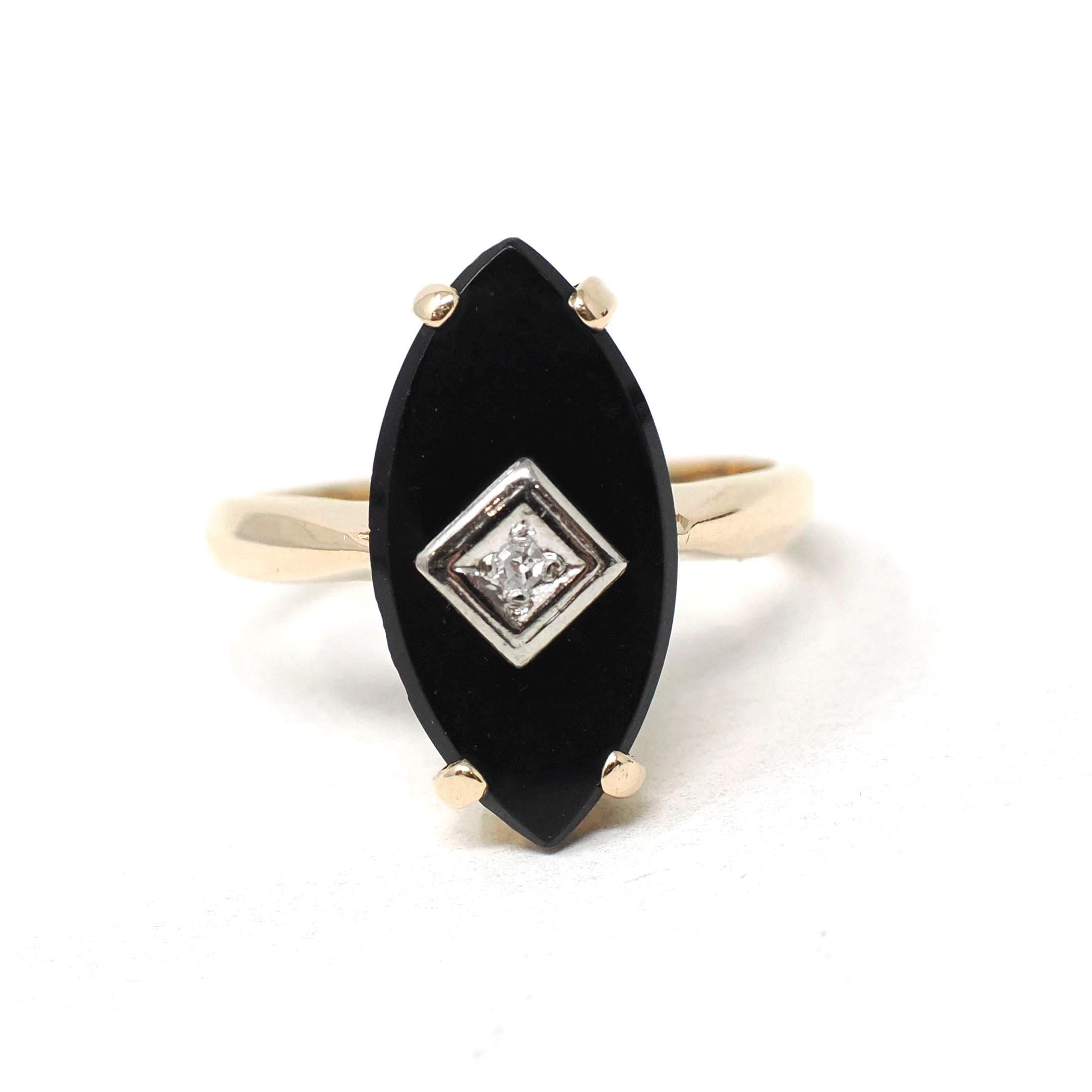 Vintage Onyx Ring - Mid Century 14k Yellow Gold Marquise Black Chalcedony Natural Diamond - Circa 1960s Size 5 3/4 Statement Fine Jewelry