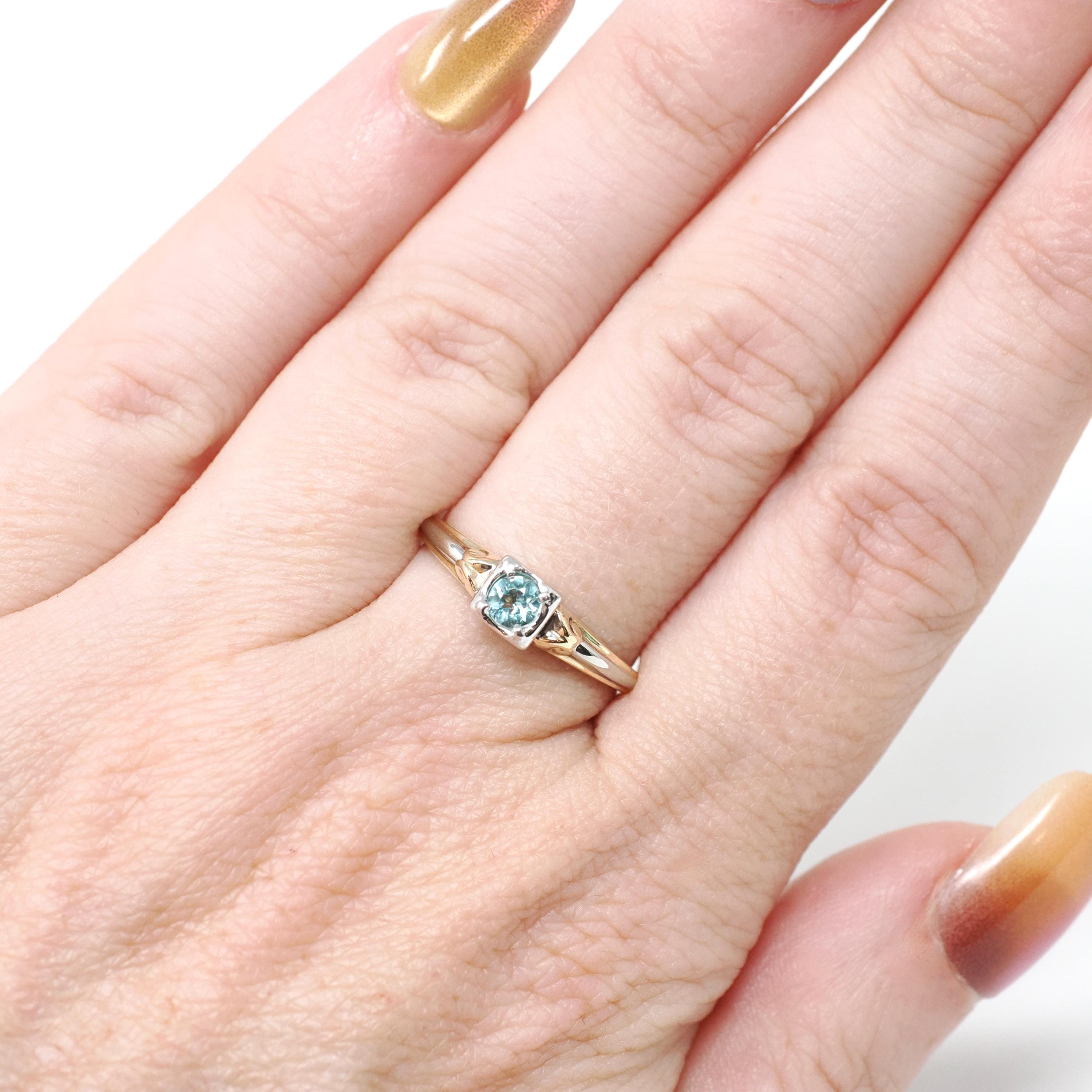 Vintage Paraiba Tourmaline Ring - Mid Century 14k Yellow & 18k White Gold Two Tone Engagement Solitaire - Circa 1940s Era Size 6 1/4 Jewelry