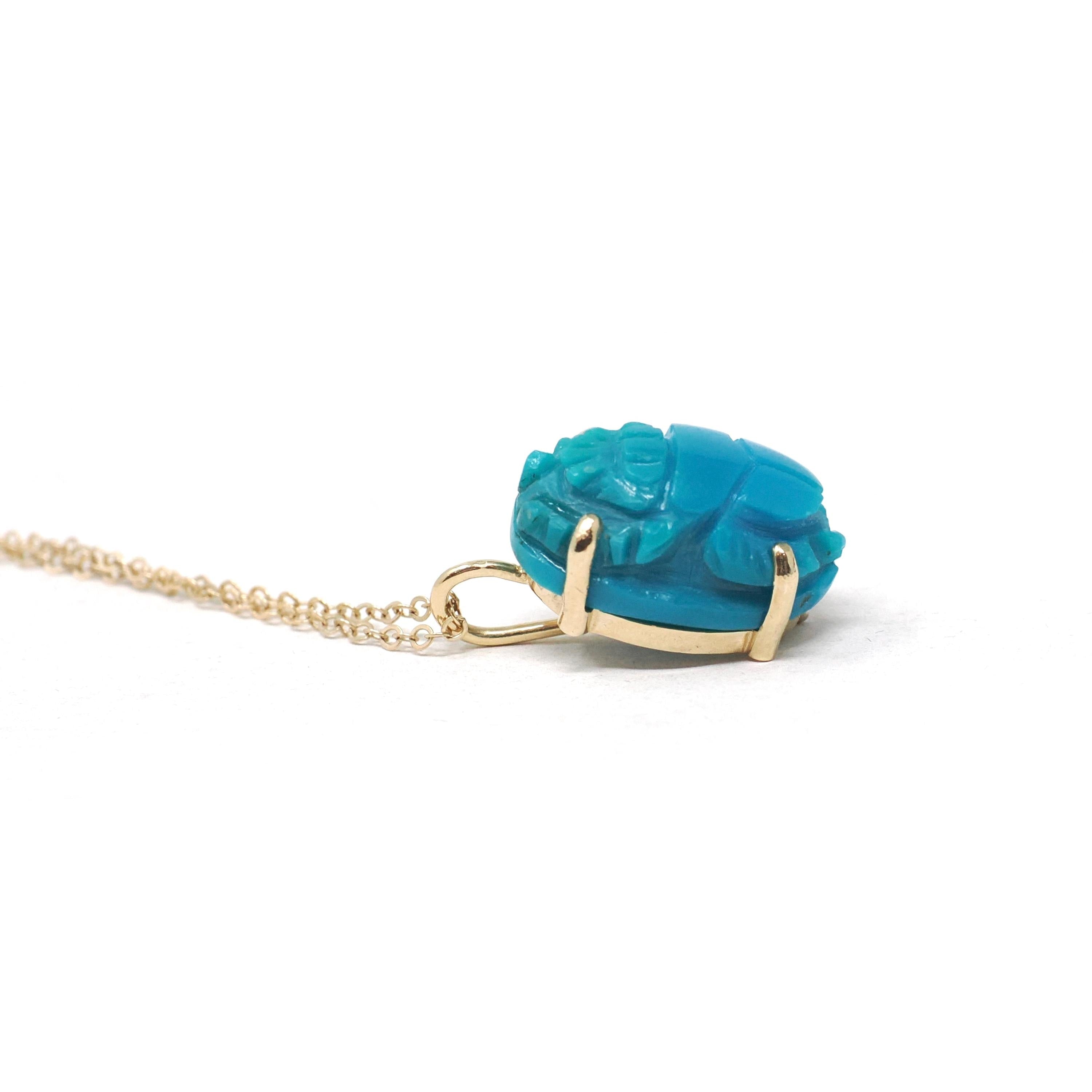Turquoise Scarab Charm - 14k Yellow Gold Carved Bug Pendant Necklace - Egyptian Revival 1960s Era Fine Protection Statement Jewelry