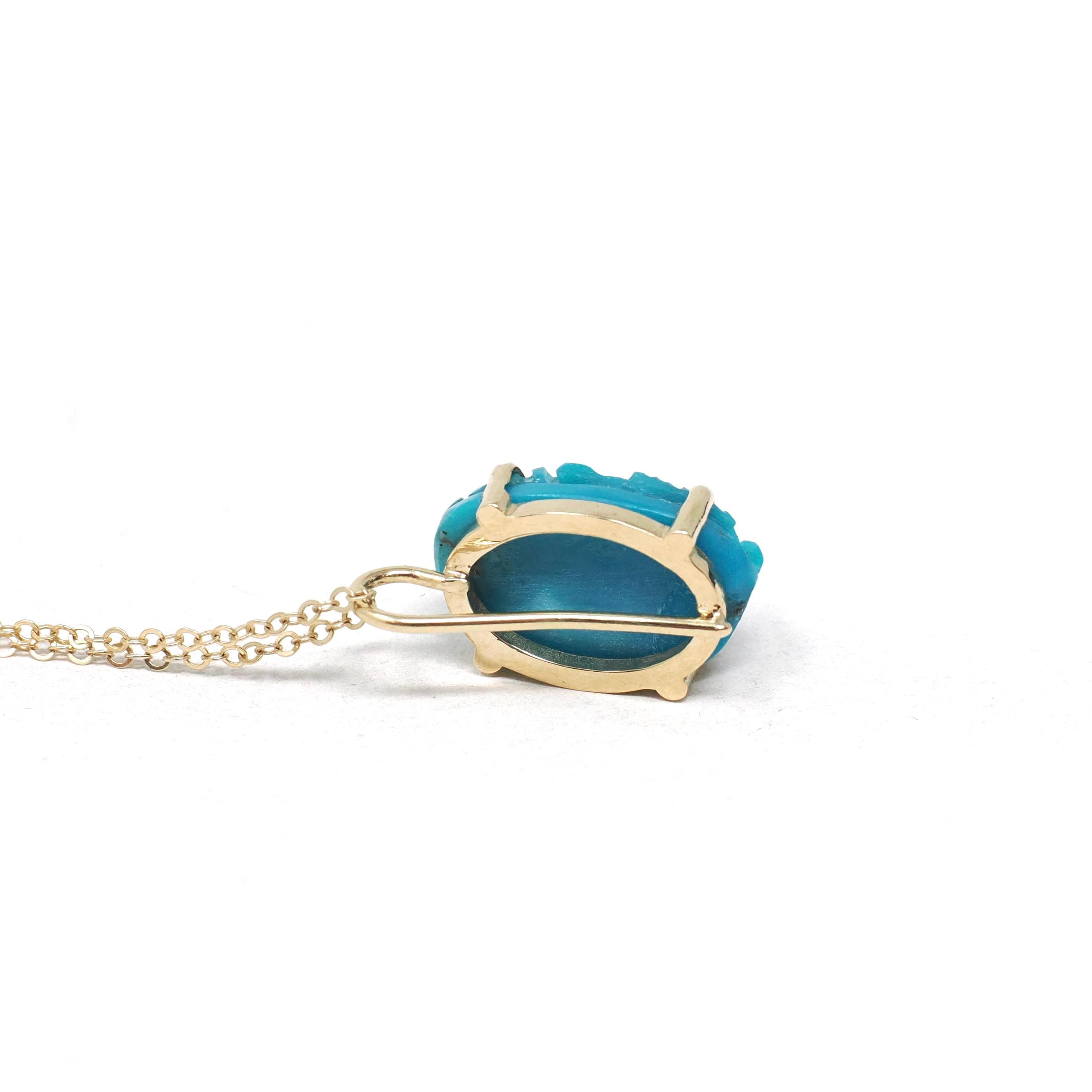 Turquoise Scarab Charm - 14k Yellow Gold Carved Bug Pendant Necklace - Egyptian Revival 1960s Era Fine Protection Statement Jewelry