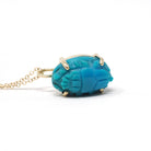 Turquoise Scarab Charm - 14k Yellow Gold Carved Bug Pendant Necklace - Egyptian Revival 1960s Era Fine Protection Statement Jewelry