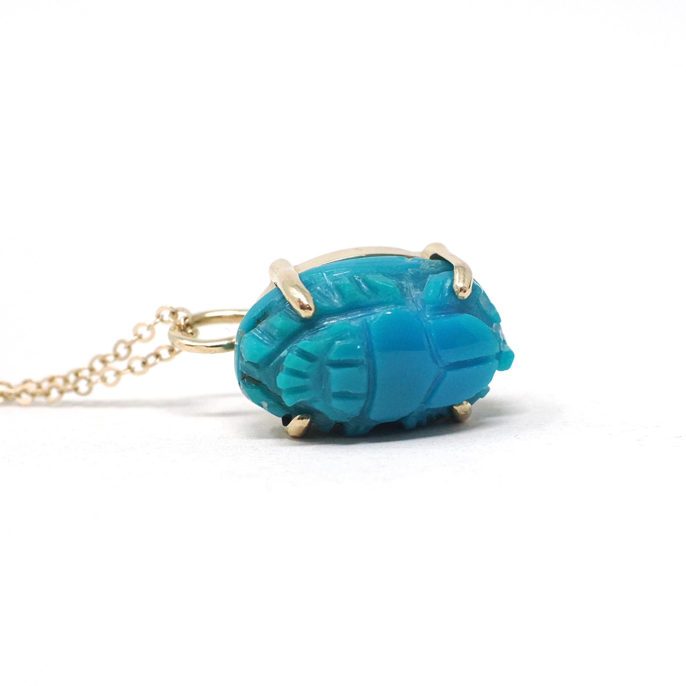 Turquoise Scarab Charm - 14k Yellow Gold Carved Bug Pendant Necklace - Egyptian Revival 1960s Era Fine Protection Statement Jewelry