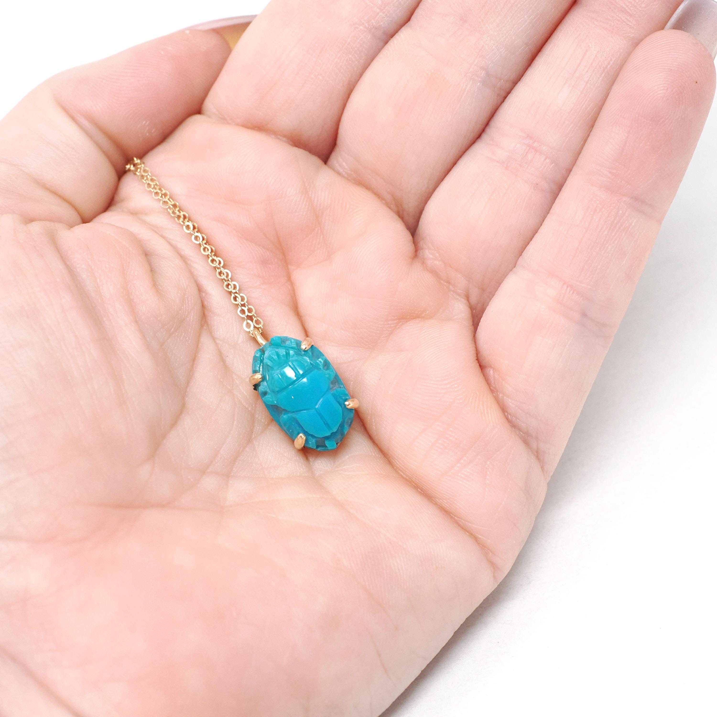 Turquoise Scarab Charm - 14k Yellow Gold Carved Bug Pendant Necklace - Egyptian Revival 1960s Era Fine Protection Statement Jewelry
