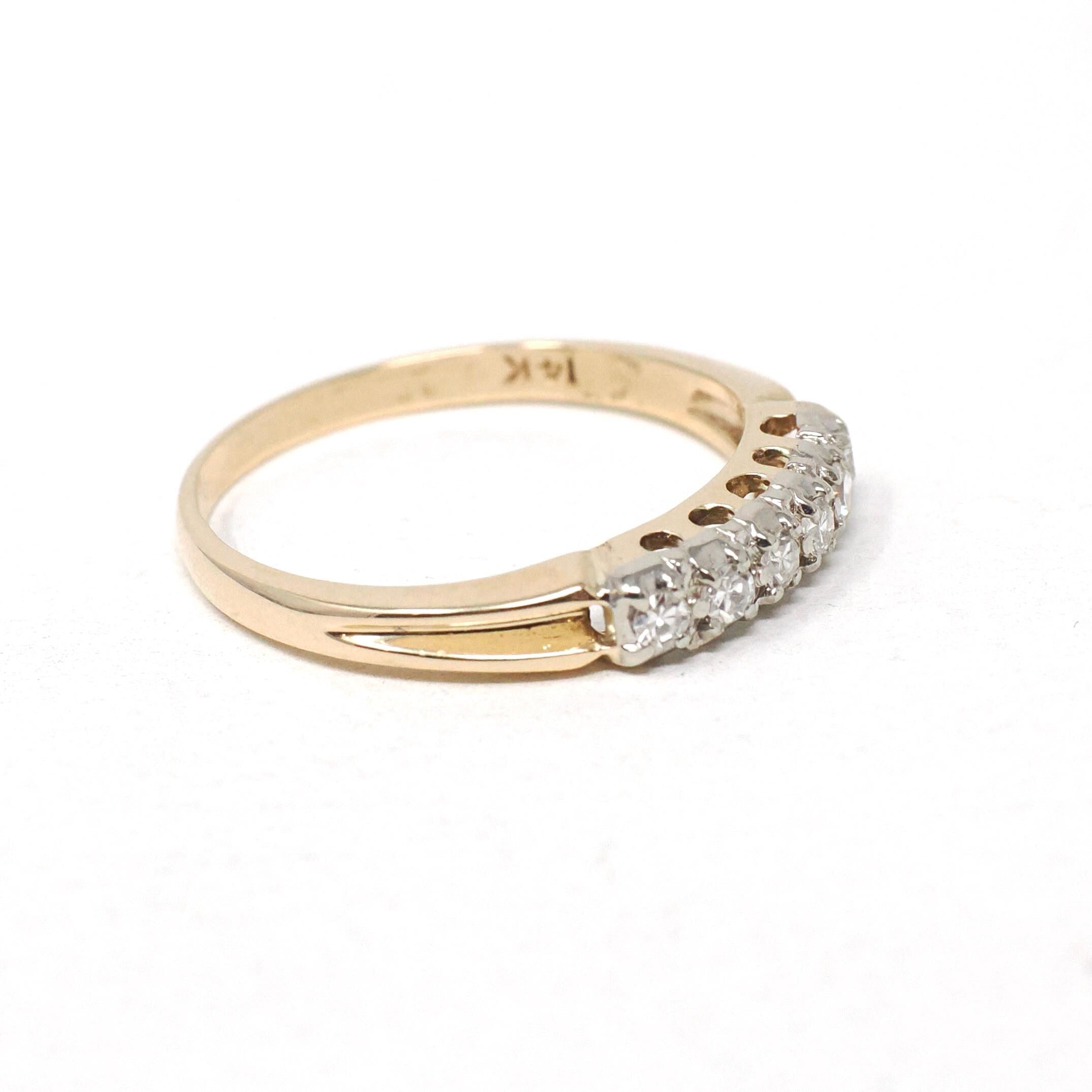 Vintage Wedding Ring - Mid Century 14k Yellow & White Gold Natural 0.10 CTW Diamond Band - Circa 1950s Size 6 Two Tone Fine Bridal Jewelry