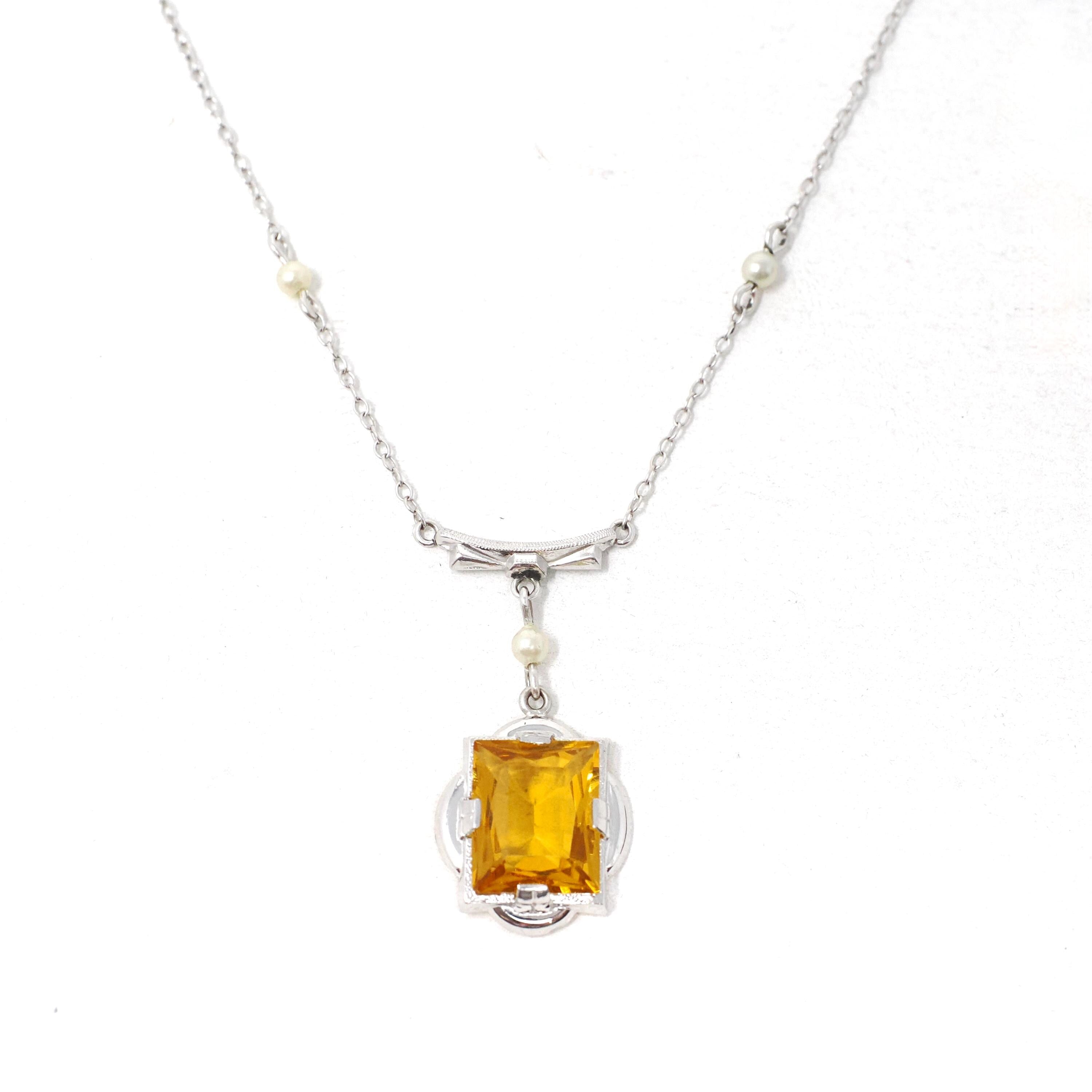 Art Deco Lavalier Necklace - Vintage 10k White Gold Simulated Yellow Sapphire Pearl Pendant Charm - Circa 1930s Era Glass Gems Fine Jewelry