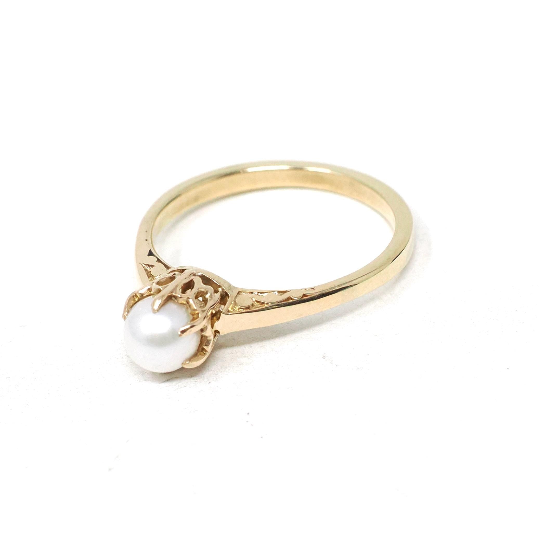 Antique Cultured Pearl Ring - Edwardian Era 10k Yellow Gold Solitaire Basket Prong Setting - Vintage Circa 1910s Era Size 6 3/4 Fine Jewelry