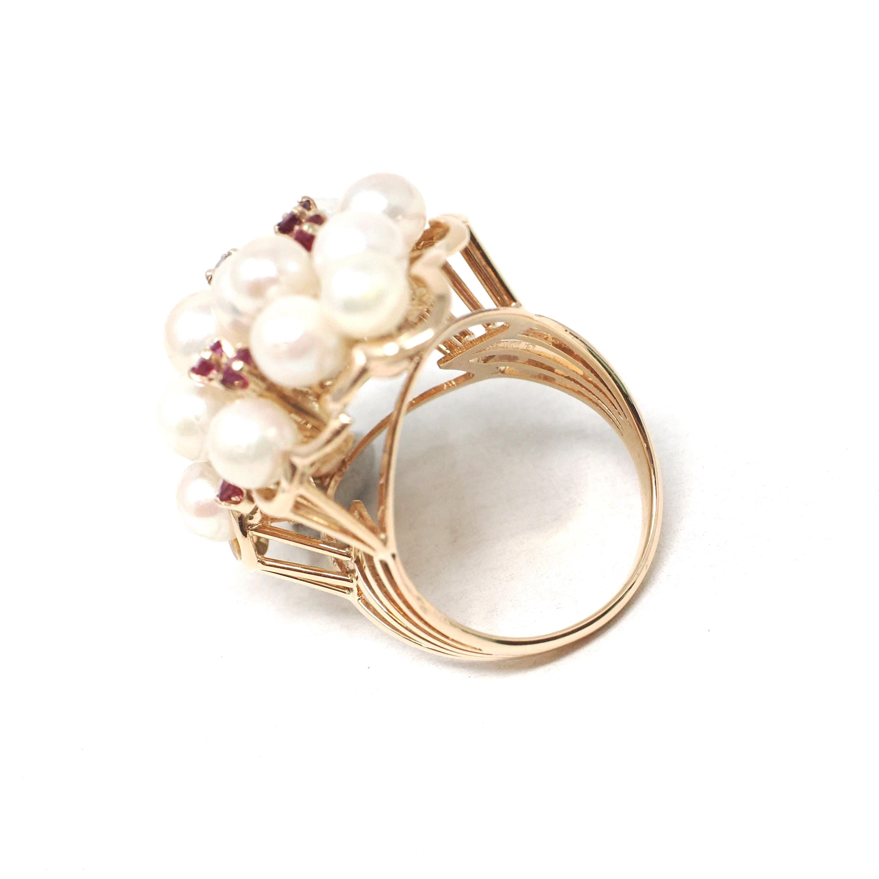 Pearl & Ruby Cluster Ring - Retro Era 14k Yellow Gold Organic Cultured And Red Corundum Gems - Circa 1970s Era Size 6 Statement Fine Jewelry