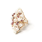 Pearl & Ruby Cluster Ring - Retro Era 14k Yellow Gold Organic Cultured And Red Corundum Gems - Circa 1970s Era Size 6 Statement Fine Jewelry