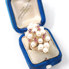 Pearl & Ruby Cluster Ring - Retro Era 14k Yellow Gold Organic Cultured And Red Corundum Gems - Circa 1970s Era Size 6 Statement Fine Jewelry