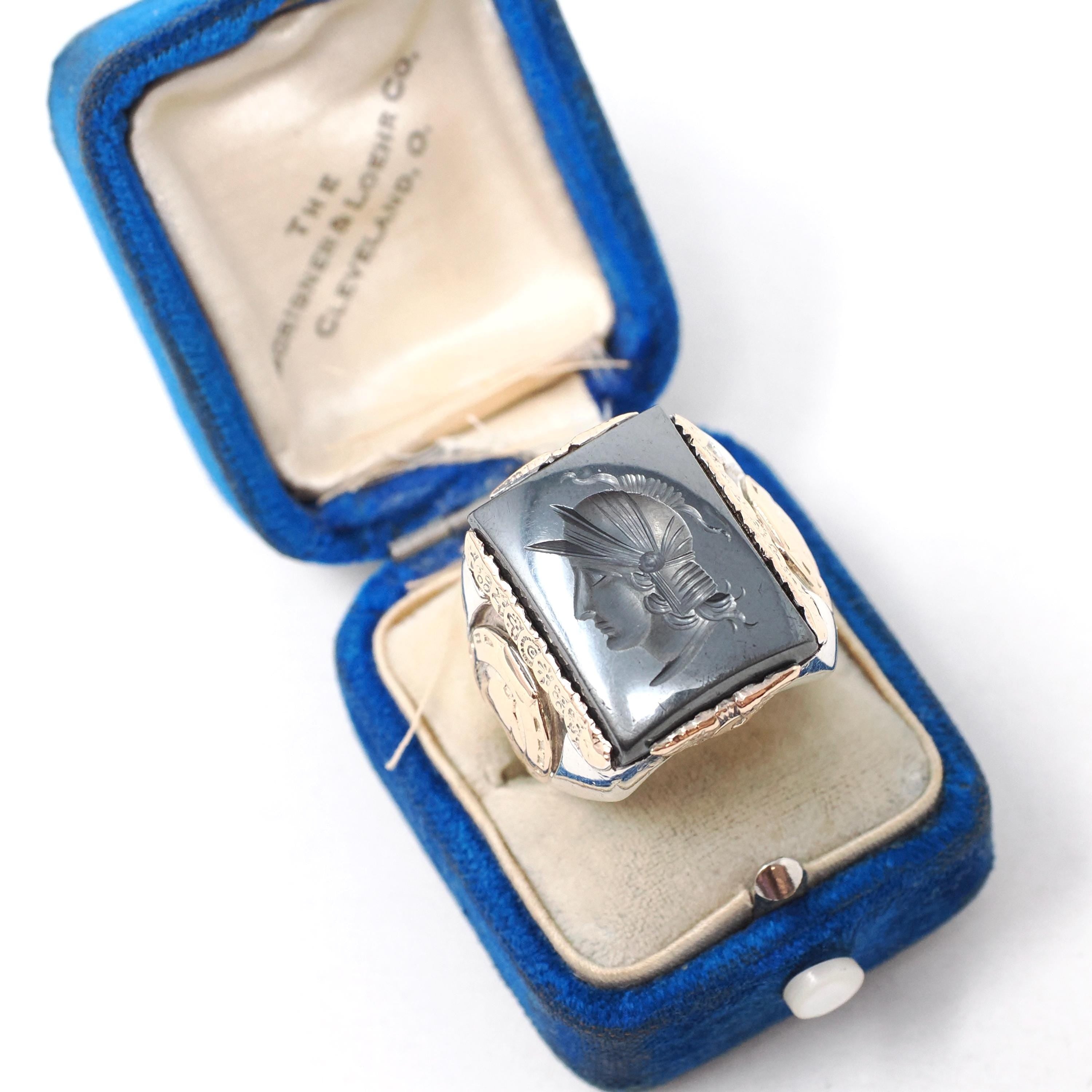 Vintage Warrior Ring - Mid Century Sterling Silver Gold Filled Hematite Horseshoe Equestrian Men's Unisex - Vintage 1960 Size 8 Fine Jewelry