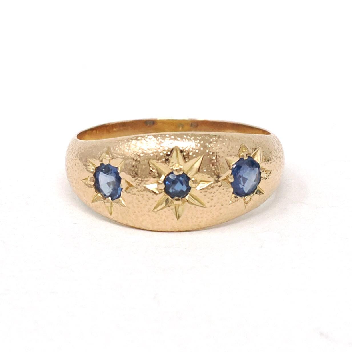 Antique Three Stone Band - Edwardian Era 18k Yellow Gold Natural Blue Sapphire Corundum - Hallmarked 1909 Size 6 1/4 Fine Celestial Jewelry