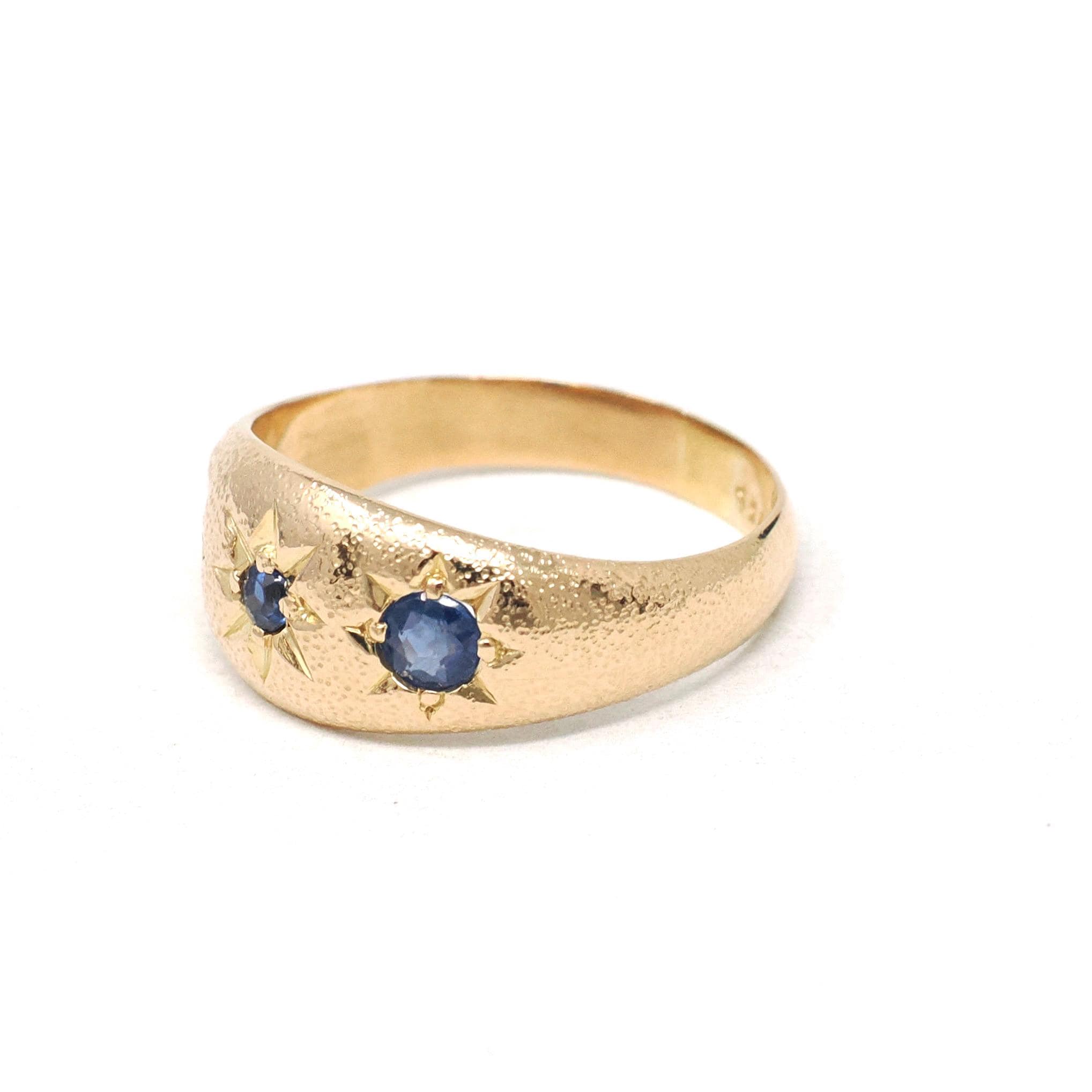 Antique Three Stone Band - Edwardian Era 18k Yellow Gold Natural Blue Sapphire Corundum - Hallmarked 1909 Size 6 1/4 Fine Celestial Jewelry
