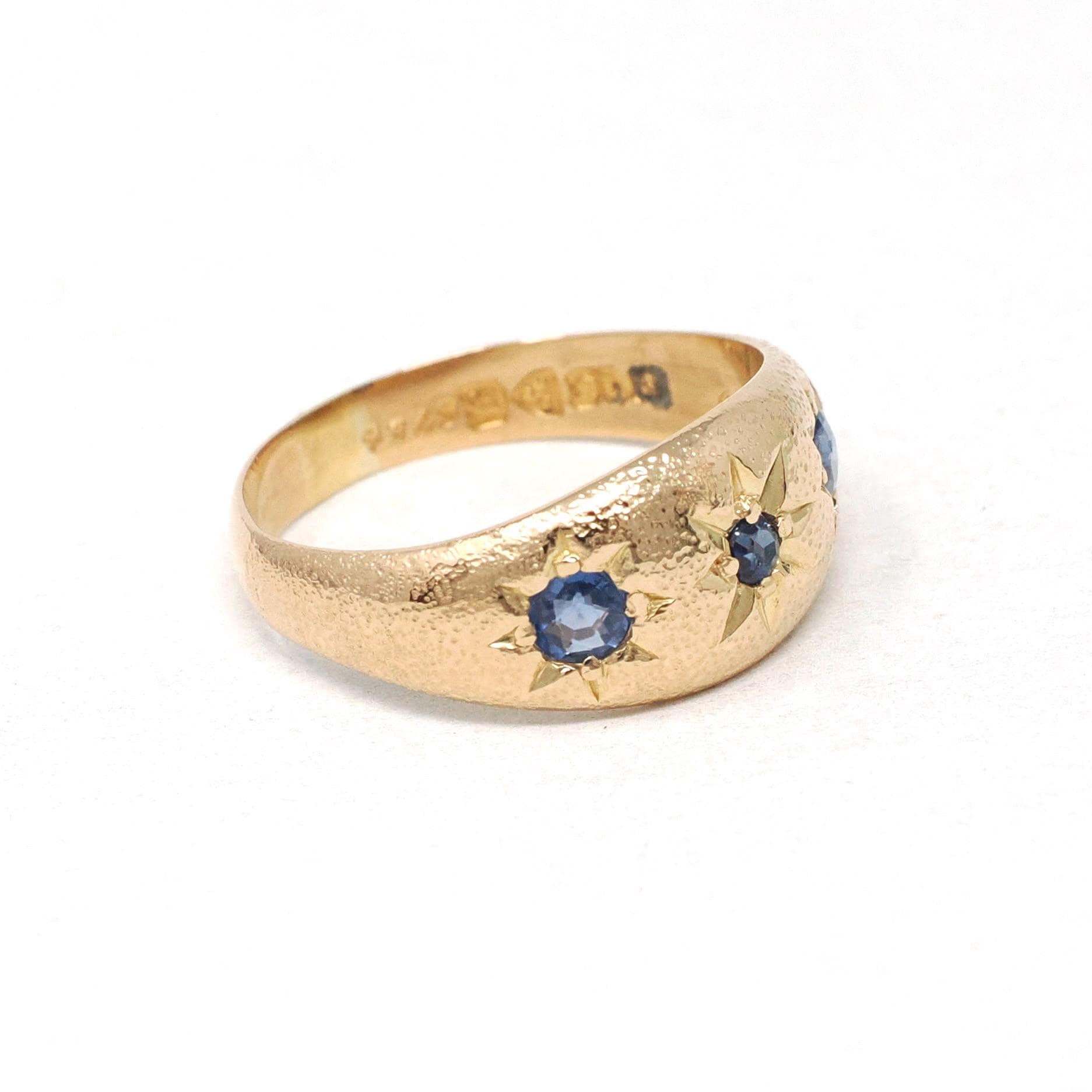 Antique Three Stone Band - Edwardian Era 18k Yellow Gold Natural Blue Sapphire Corundum - Hallmarked 1909 Size 6 1/4 Fine Celestial Jewelry
