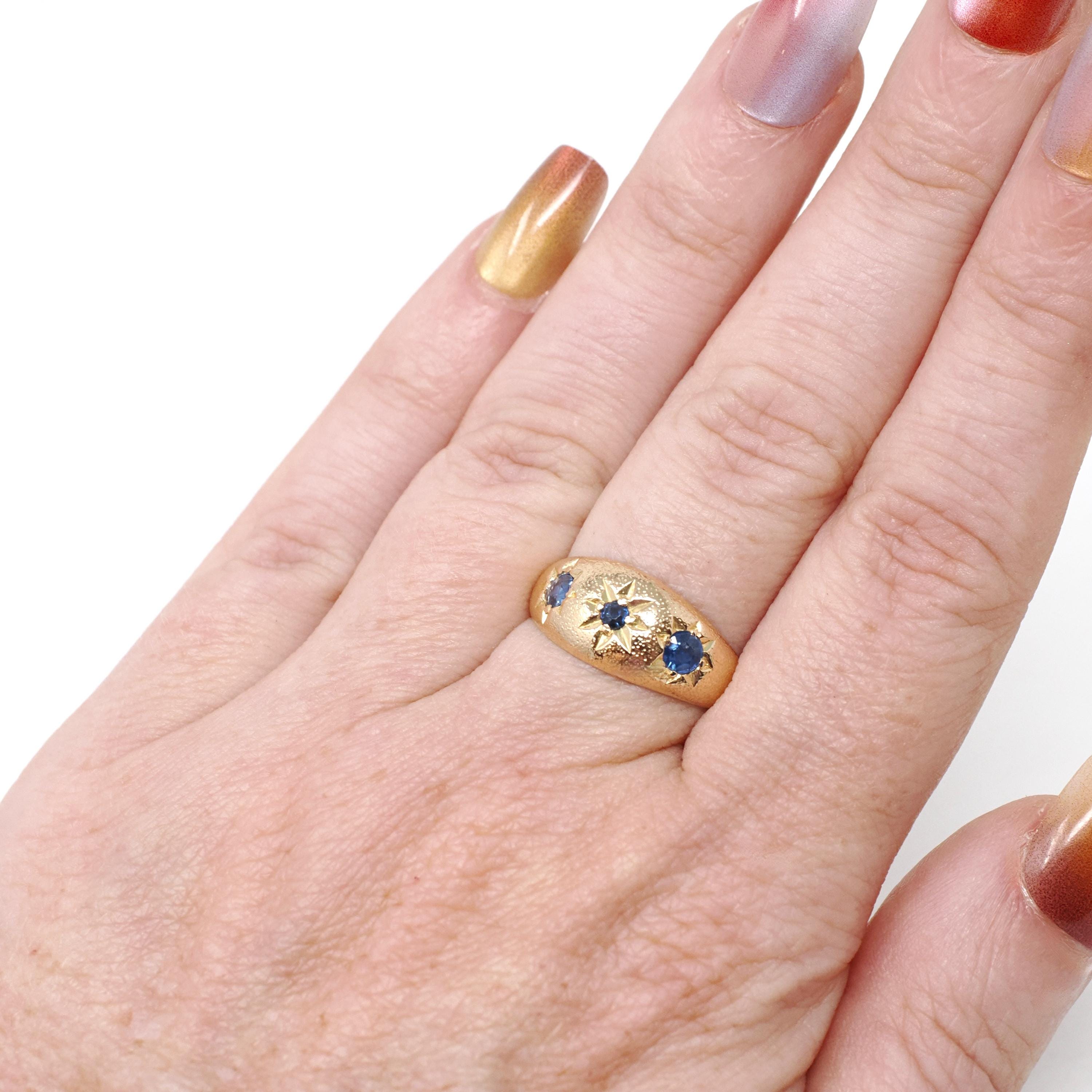 Antique Three Stone Band - Edwardian Era 18k Yellow Gold Natural Blue Sapphire Corundum - Hallmarked 1909 Size 6 1/4 Fine Celestial Jewelry