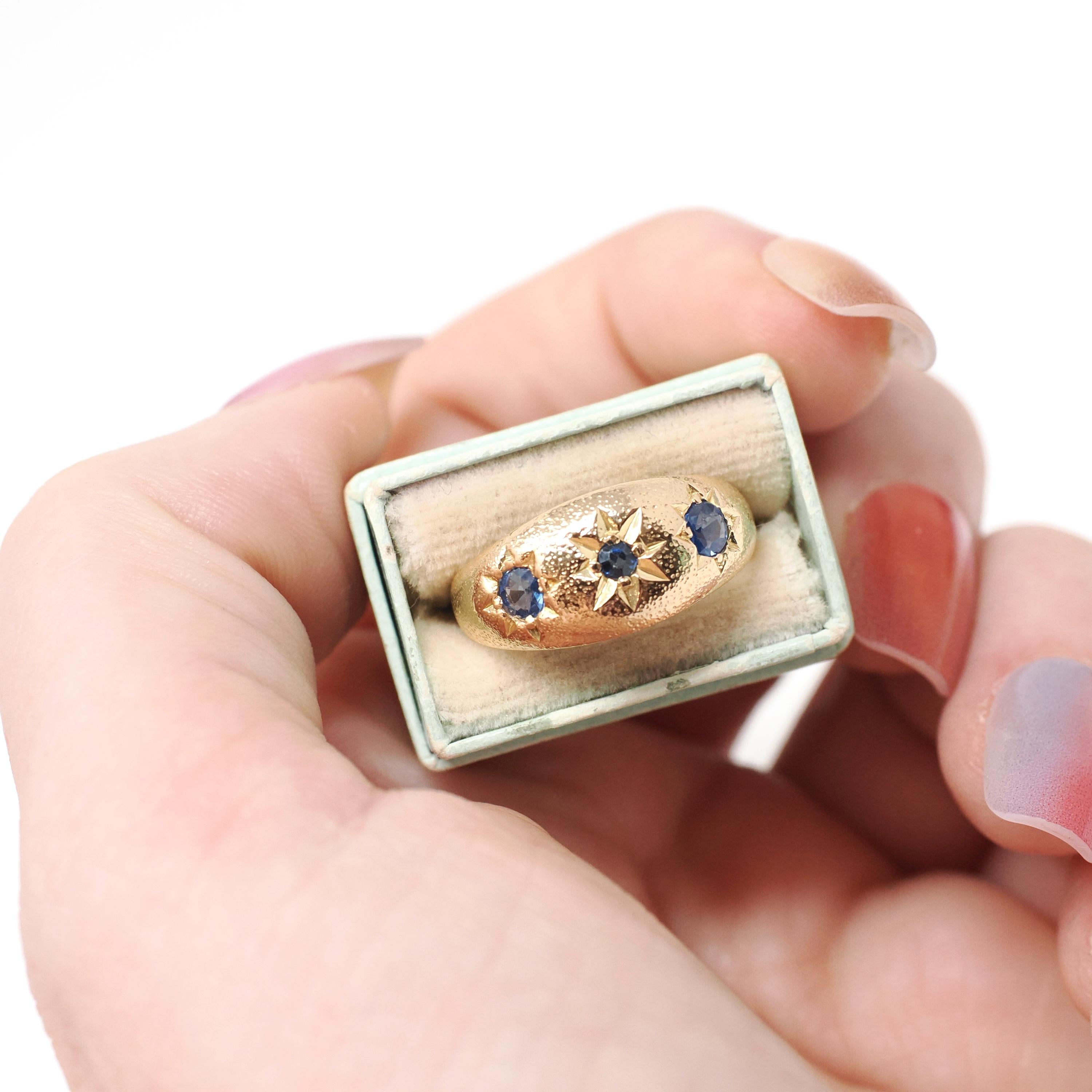 Antique Three Stone Band - Edwardian Era 18k Yellow Gold Natural Blue Sapphire Corundum - Hallmarked 1909 Size 6 1/4 Fine Celestial Jewelry