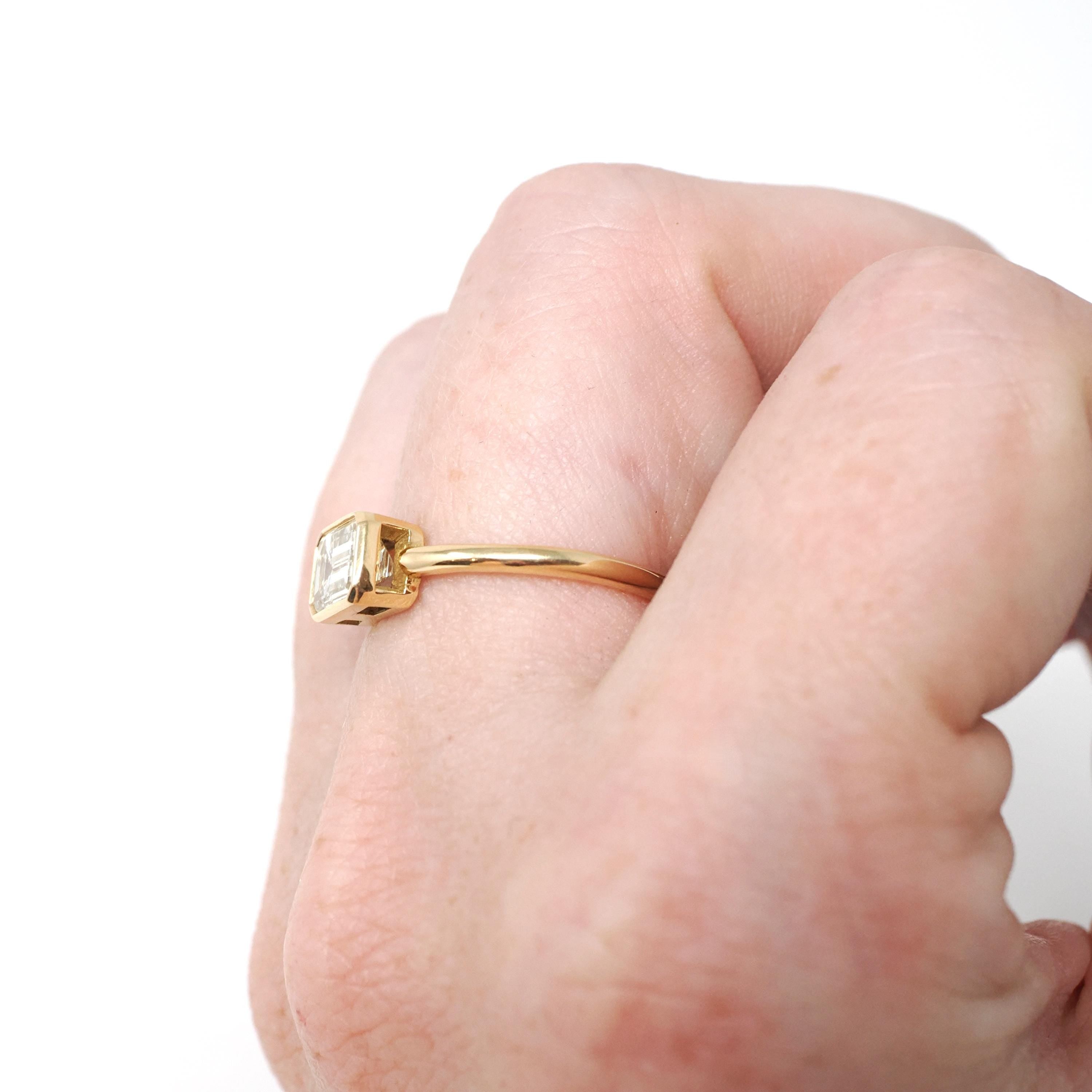Emerald Cut Diamond Engagement Ring - 18k Yellow Gold Bezel East West Modern Setting - Recycled Vintage Diamond Size 6 Fine Bridal Jewelry