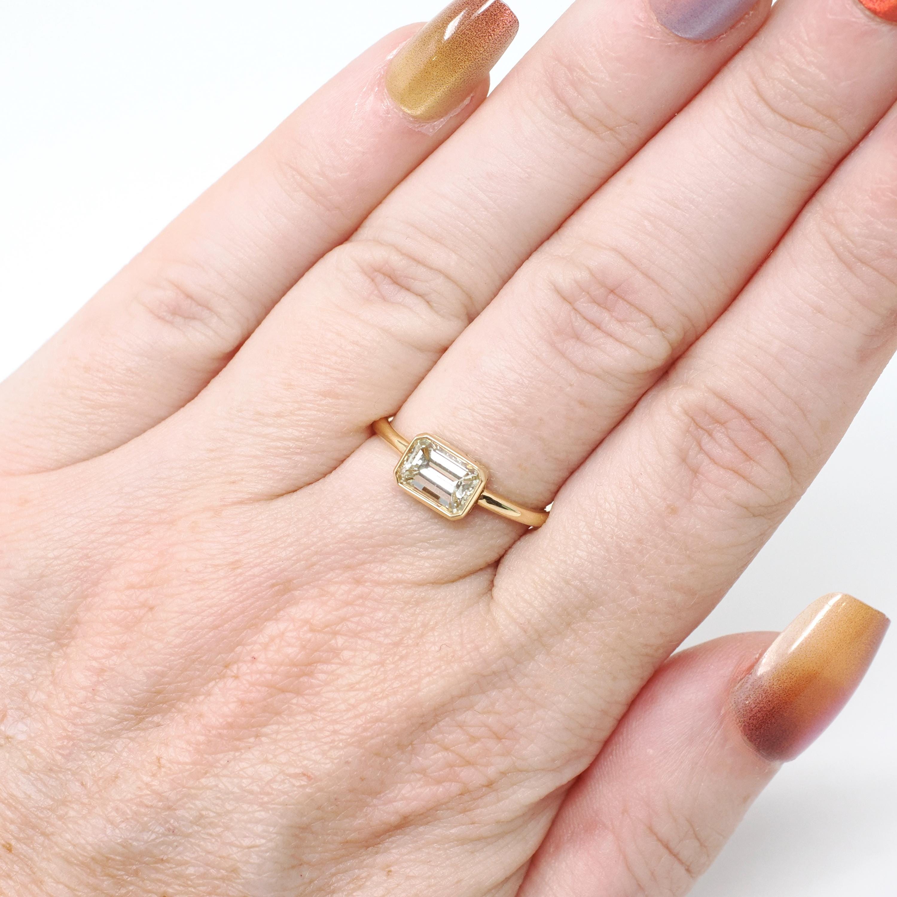 Emerald Cut Diamond Engagement Ring - 18k Yellow Gold Bezel East West Modern Setting - Recycled Vintage Diamond Size 6 Fine Bridal Jewelry