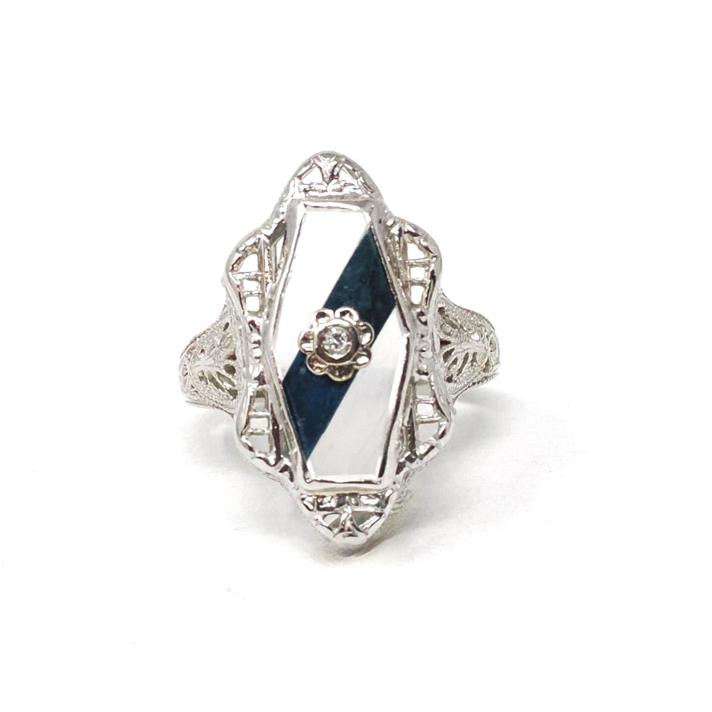 Rock Crystal Quartz Ring - Art Deco 14k White Gold Natural Diamond Gemstone - Vintage Circa 1930 Size 6 Filigree Ostby Barton Fine Jewelry