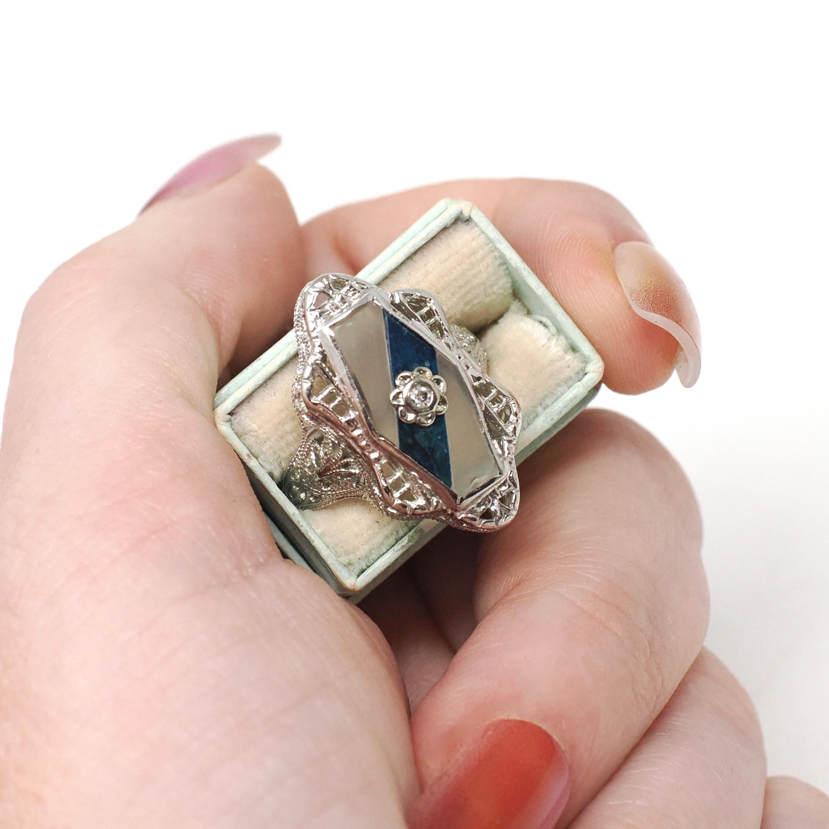 Rock Crystal Quartz Ring - Art Deco 14k White Gold Natural Diamond Gemstone - Vintage Circa 1930 Size 6 Filigree Ostby Barton Fine Jewelry