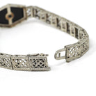 Art Deco Onyx Bracelet - Antique 10k White Gold Filigree Carved Black Chalcedony Natural Diamond Statement - Vintage Circa 1920s Era Jewelry