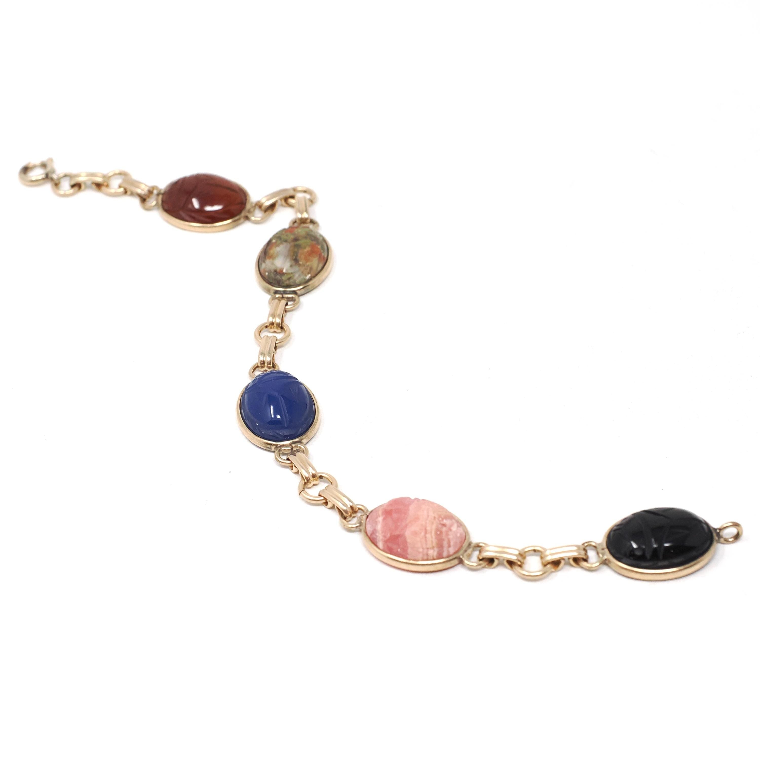 Vintage Scarab Bracelet - Retro Gold Filled Carved Natural Gemstones - Circa 1960s Era Egyptian Revival Style Symbolic Panel Linked Jewelry