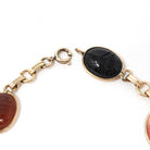 Vintage Scarab Bracelet - Retro Gold Filled Carved Natural Gemstones - Circa 1960s Era Egyptian Revival Style Symbolic Panel Linked Jewelry