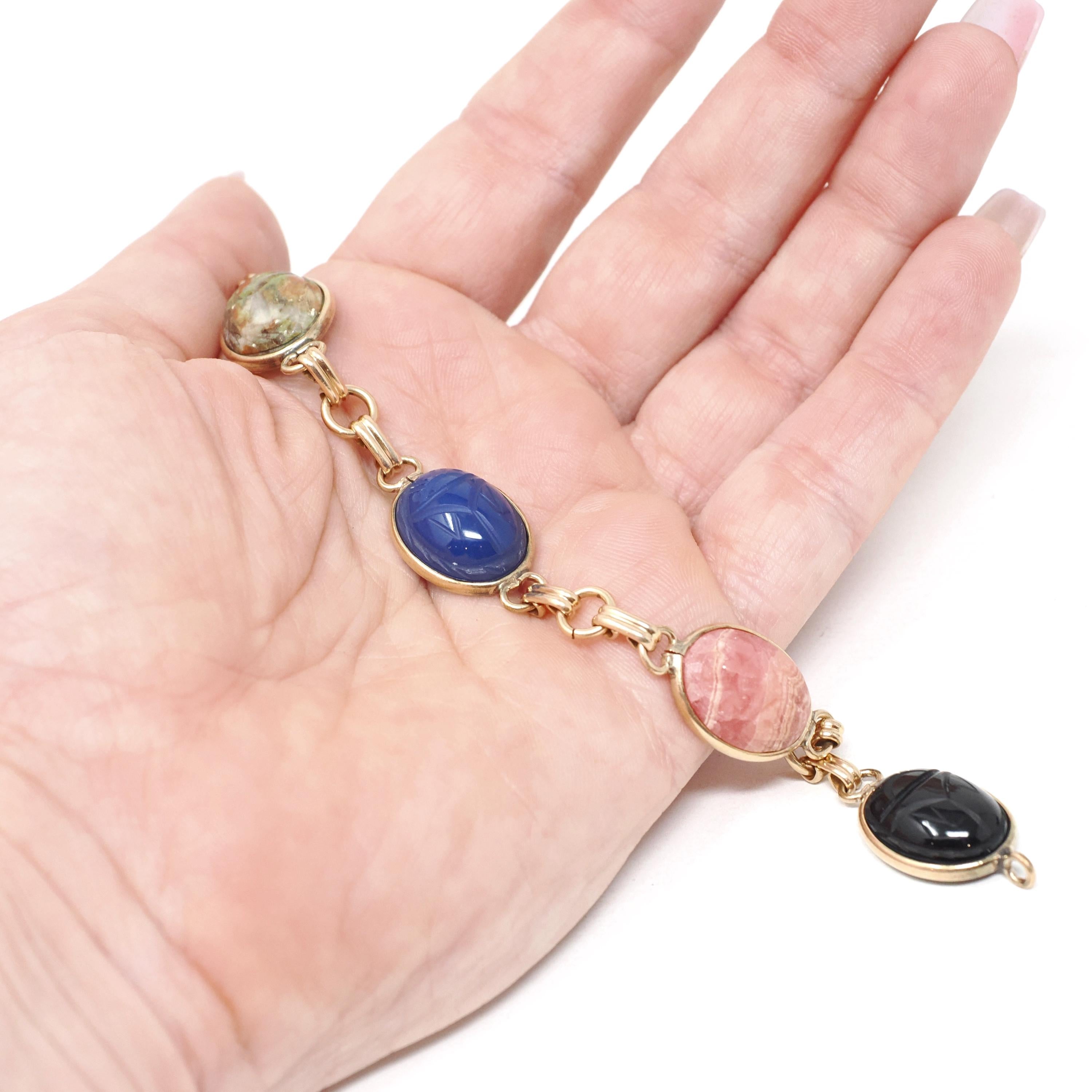 Vintage Scarab Bracelet - Retro Gold Filled Carved Natural Gemstones - Circa 1960s Era Egyptian Revival Style Symbolic Panel Linked Jewelry