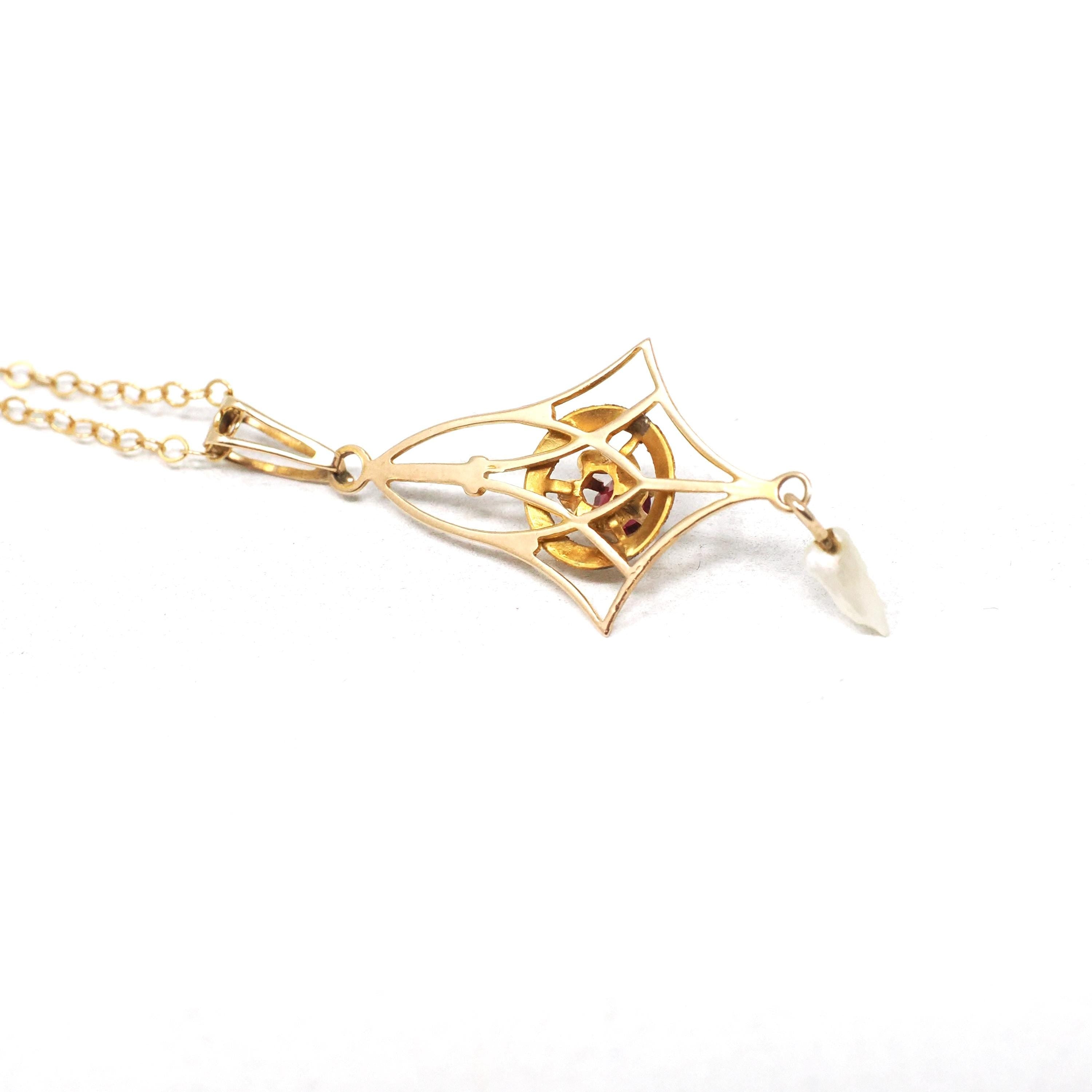 Antique Lavalier Necklace - Edwardian 10k Yellow Gold Red Glass & Cultured Pearl Pendant - Vintage Circa 1910s Era Dainty Fine Jewelry