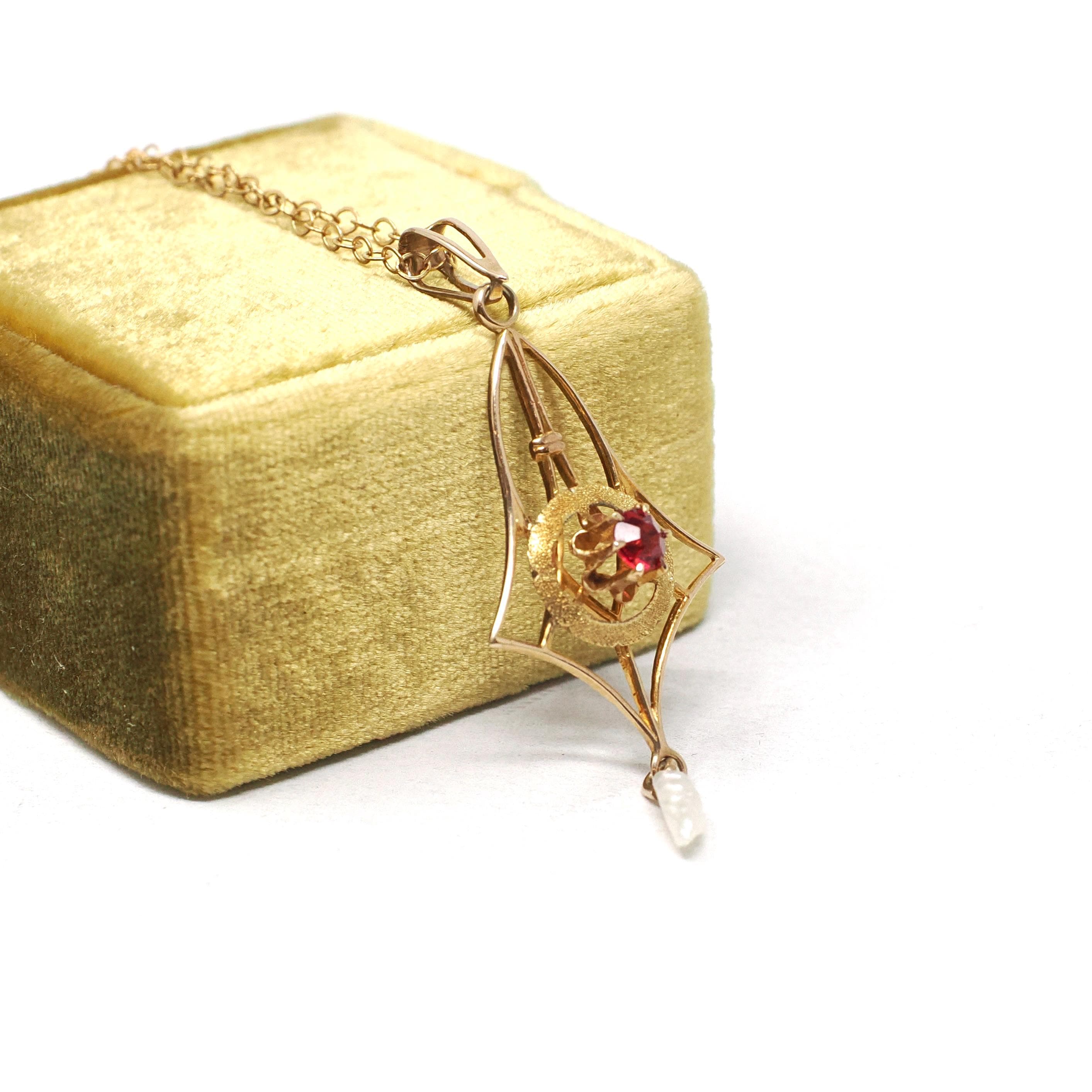 Antique Lavalier Necklace - Edwardian 10k Yellow Gold Red Glass & Cultured Pearl Pendant - Vintage Circa 1910s Era Dainty Fine Jewelry
