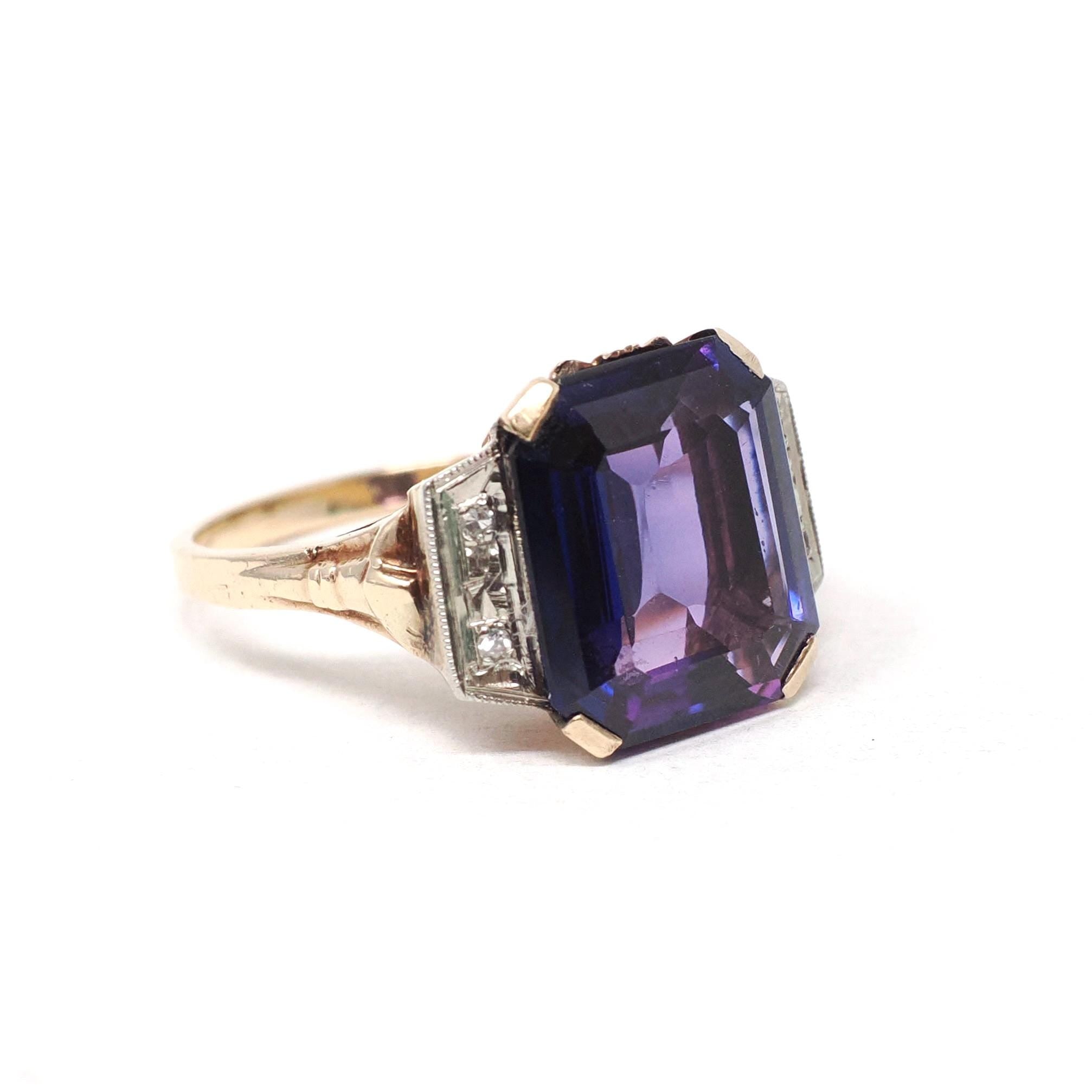 Created Color Change Sapphire Ring - Mid Century 10k Yellow & White Gold Natural Purple Gemstone - Vintage 1940s Era Size 6 Fine 40s Jewelry
